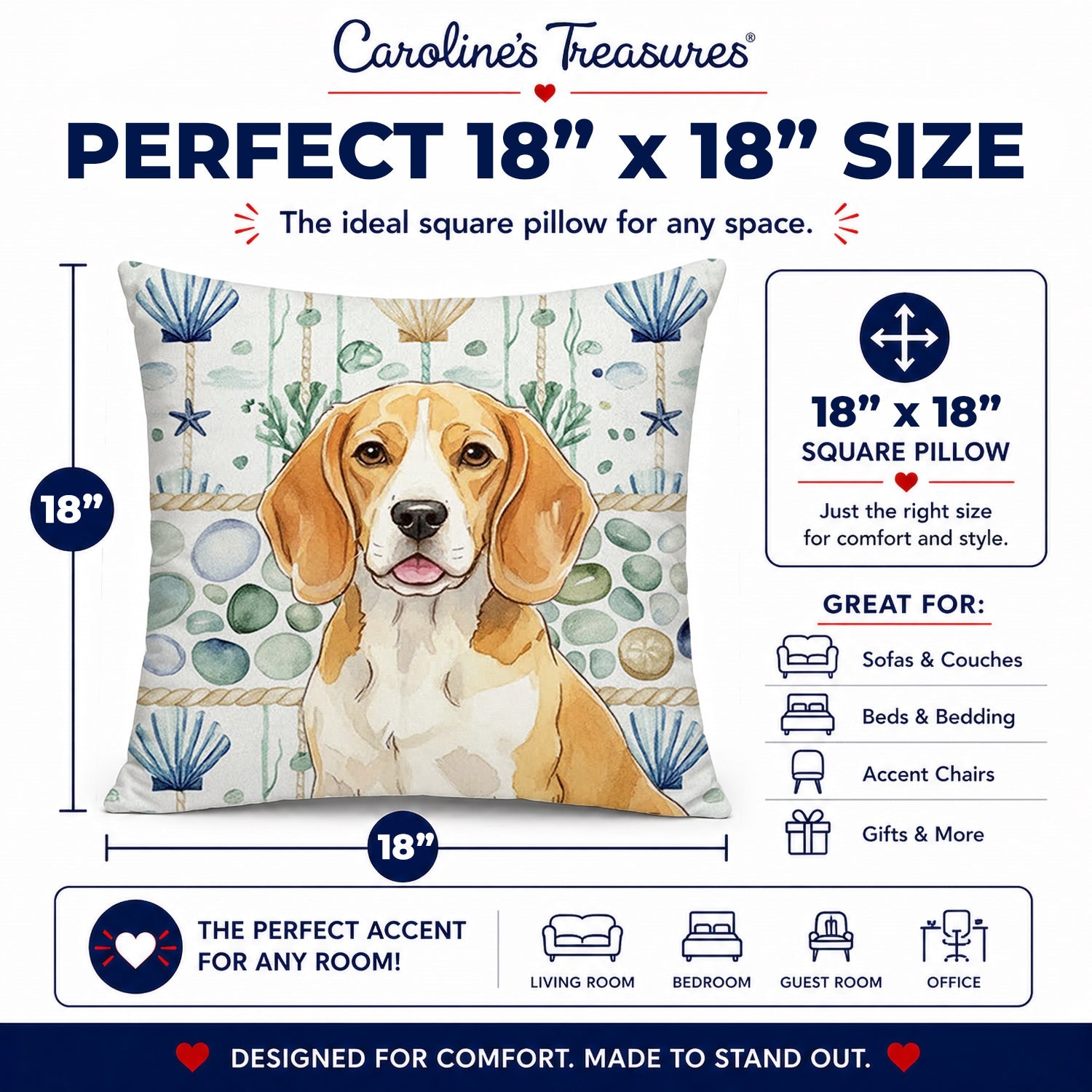Lemon and White Beagle Coastal Sea Glass Decorative Throw Pillow 18x18 Indoor Outdoor Accent Cushion, Fabric Cover with Insert for Sofa, Bed, Porch & Living Room