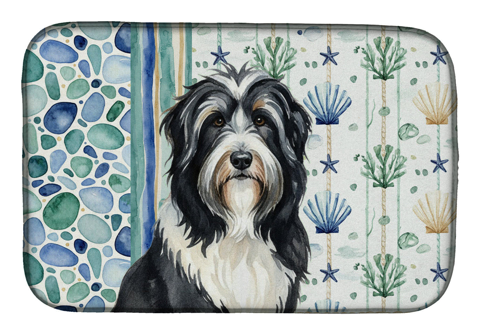 Black Bearded Collie Coastal Sea Glass Dish Drying Mat Absorbent Dish Drying Mat Pad for Kitchen Counter Dish Drainer Mat for Countertop, 14 x 21", Multicolor