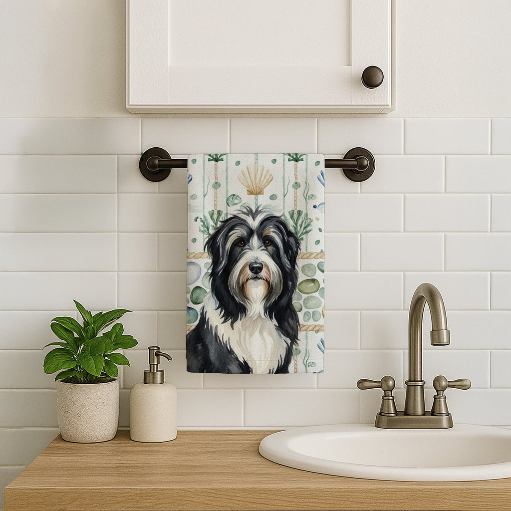 Black Bearded Collie Coastal Sea Glass Kitchen Towel Velour Plush Front and Cotton Loop Back Machine Washable