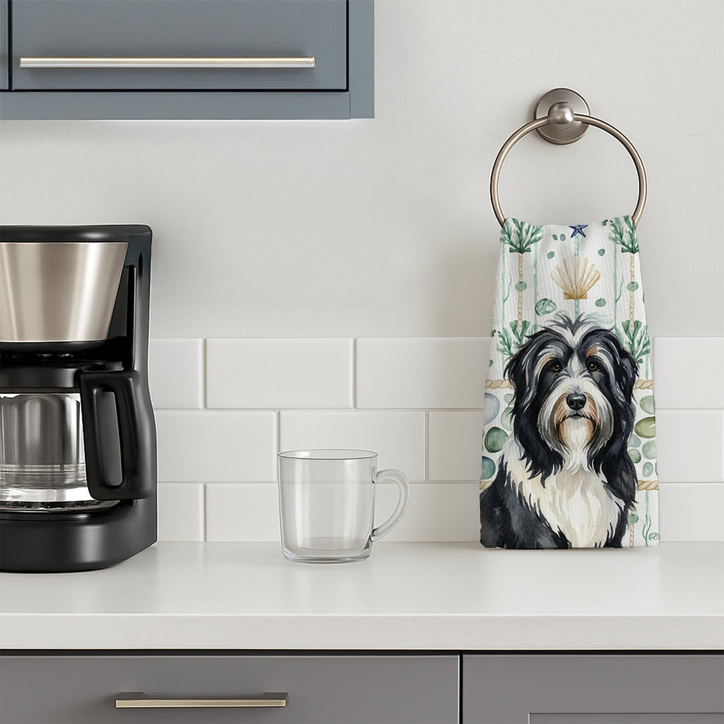 Black Bearded Collie Coastal Sea Glass Kitchen Towel Velour Plush Front and Cotton Loop Back Machine Washable