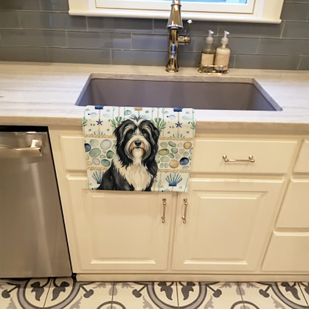 Black Bearded Collie Coastal Sea Glass Kitchen Towel Velour Plush Front and Cotton Loop Back Machine Washable