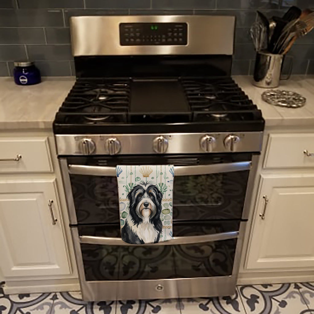 Black Bearded Collie Coastal Sea Glass Kitchen Towel Velour Plush Front and Cotton Loop Back Machine Washable