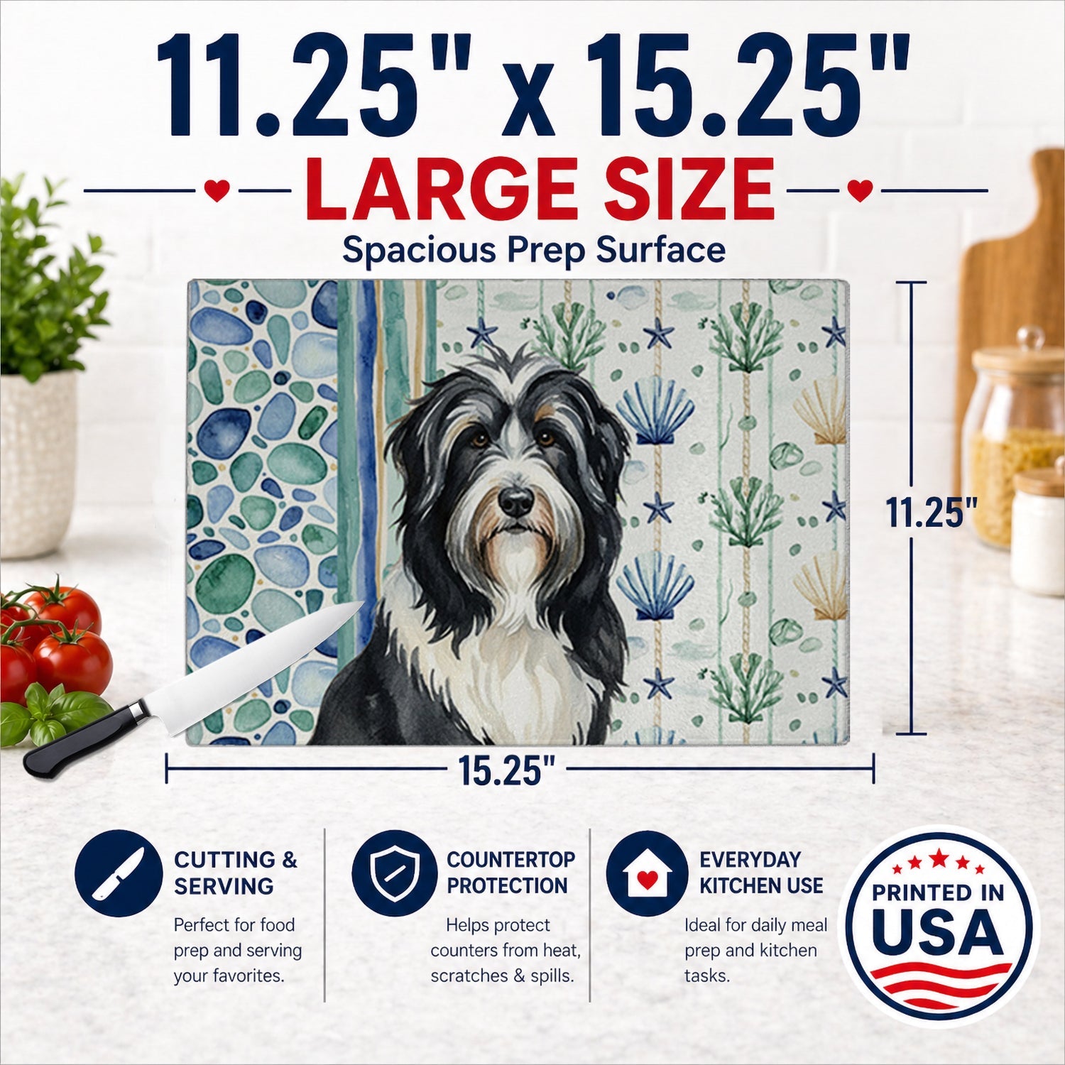Black Bearded Collie Coastal Sea Glass Cutting Board Tempered Glass Kitchen Cutting Surface, Heat Resistant Chopping, Non-Slip Feet, Food Prep & Serving