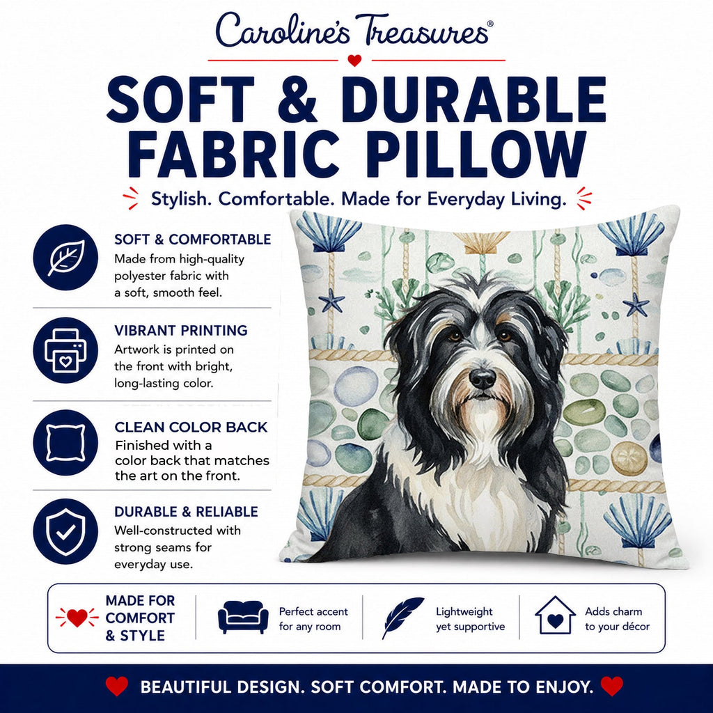 Black Bearded Collie Coastal Sea Glass Decorative Throw Pillow 14x14 Indoor Outdoor Accent Cushion, Fabric Cover with Insert for Sofa, Bed, Porch & Living Room