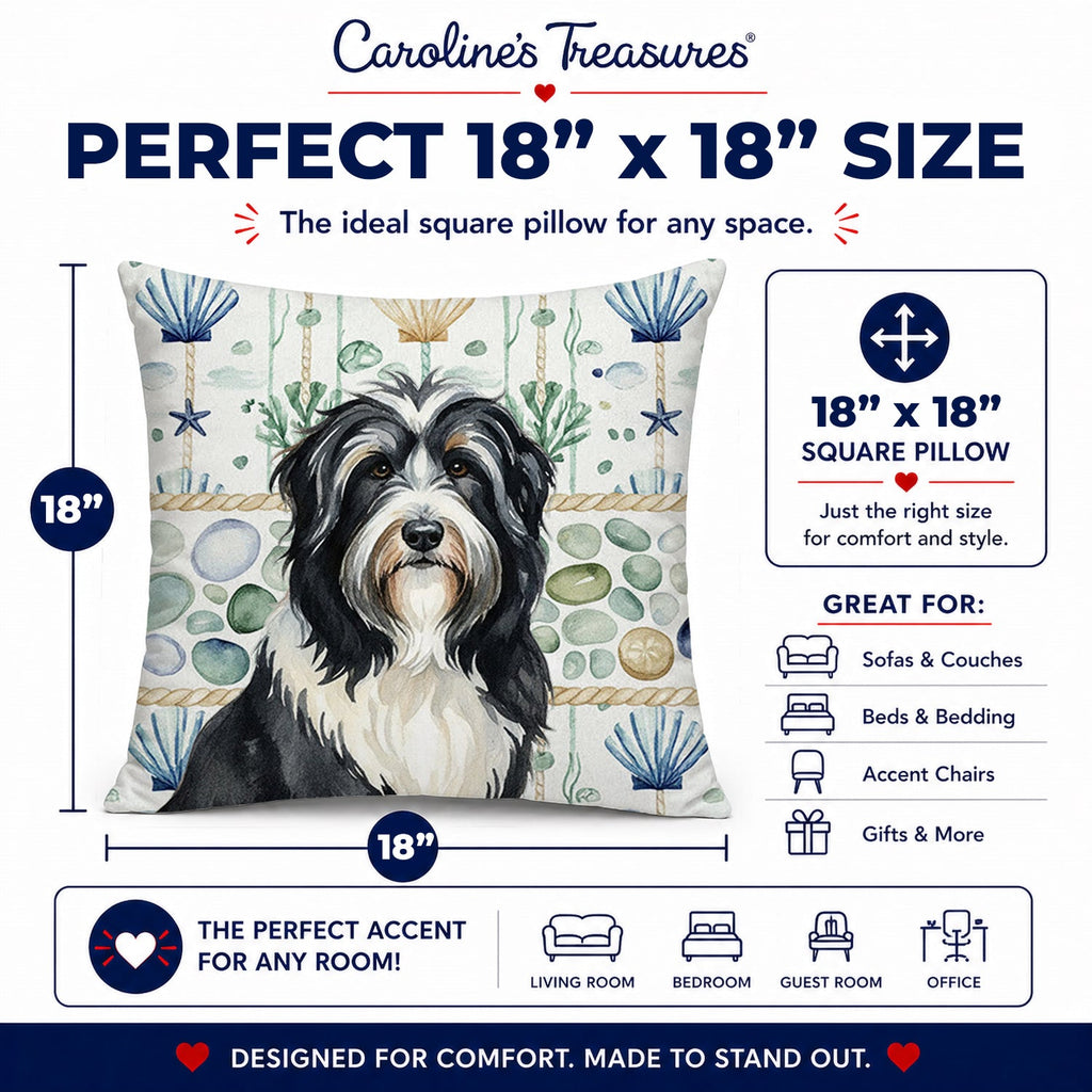 Black Bearded Collie Coastal Sea Glass Decorative Throw Pillow 18x18 Indoor Outdoor Accent Cushion, Fabric Cover with Insert for Sofa, Bed, Porch & Living Room