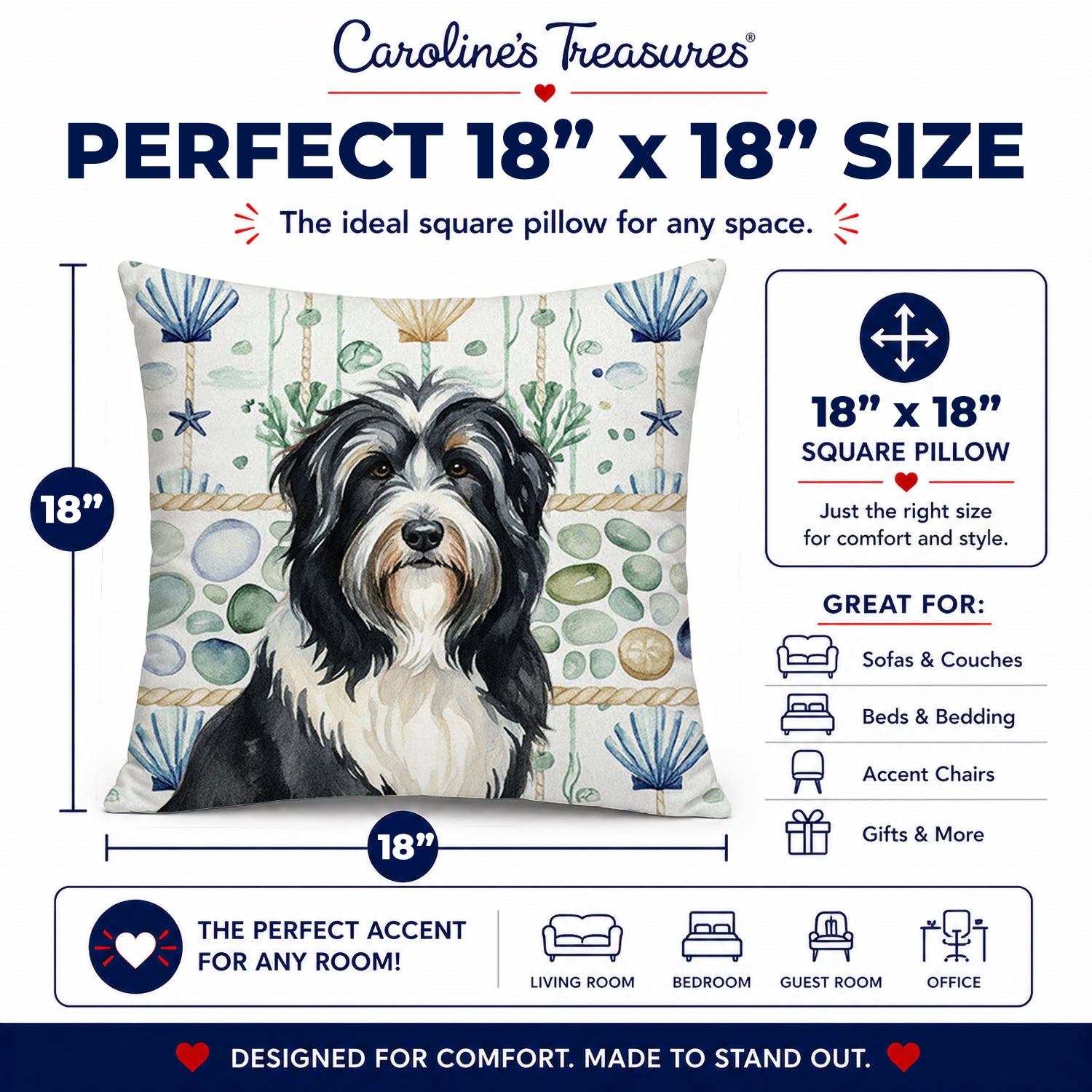 Black Bearded Collie Coastal Sea Glass Decorative Throw Pillow 18x18 Indoor Outdoor Accent Cushion, Fabric Cover with Insert for Sofa, Bed, Porch & Living Room