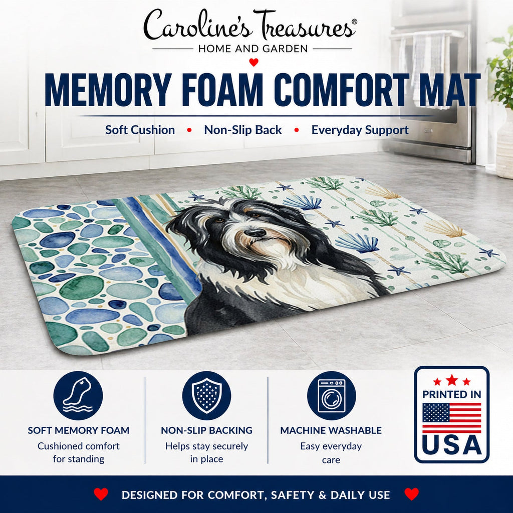 Black Bearded Collie Coastal Sea Glass Memory Foam Kitchen Mat Machine Washable Anti-Fatigue Cushion Comfort Bath or Kitchen Rug