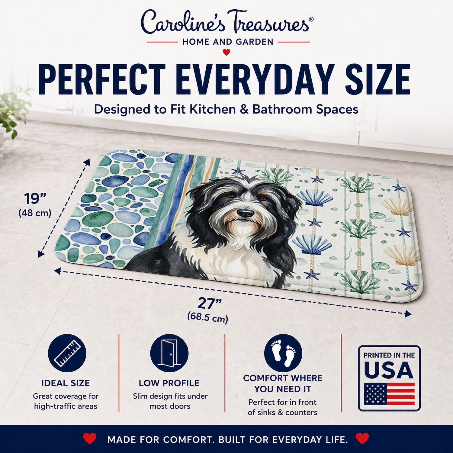 Black Bearded Collie Coastal Sea Glass Memory Foam Kitchen Mat Machine Washable Anti-Fatigue Cushion Comfort Bath or Kitchen Rug