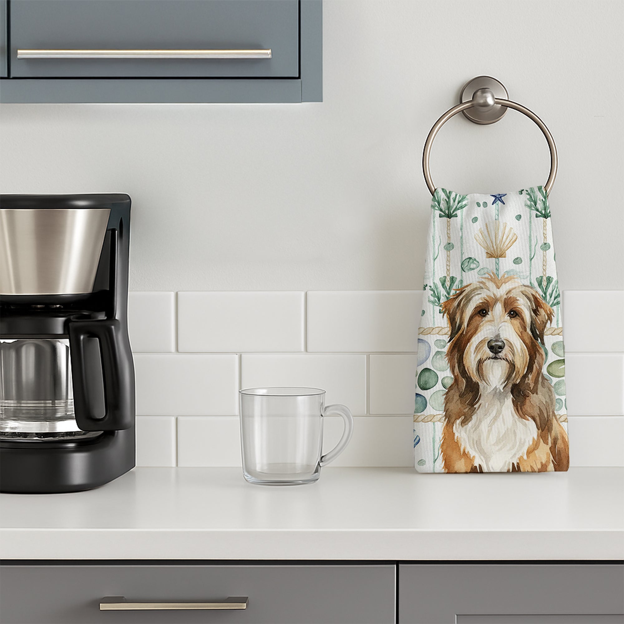 Brown Bearded Collie Coastal Sea Glass Kitchen Towel Velour Plush Front and Cotton Loop Back Machine Washable