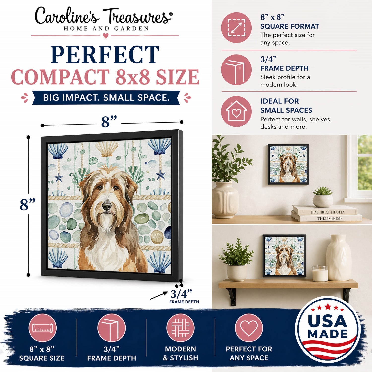 Brown Bearded Collie Coastal Sea Glass Framed Metal Print Bathroom, Kitchen, Office, Home Decor Wall Art Ready to Hang, Square, 8X8