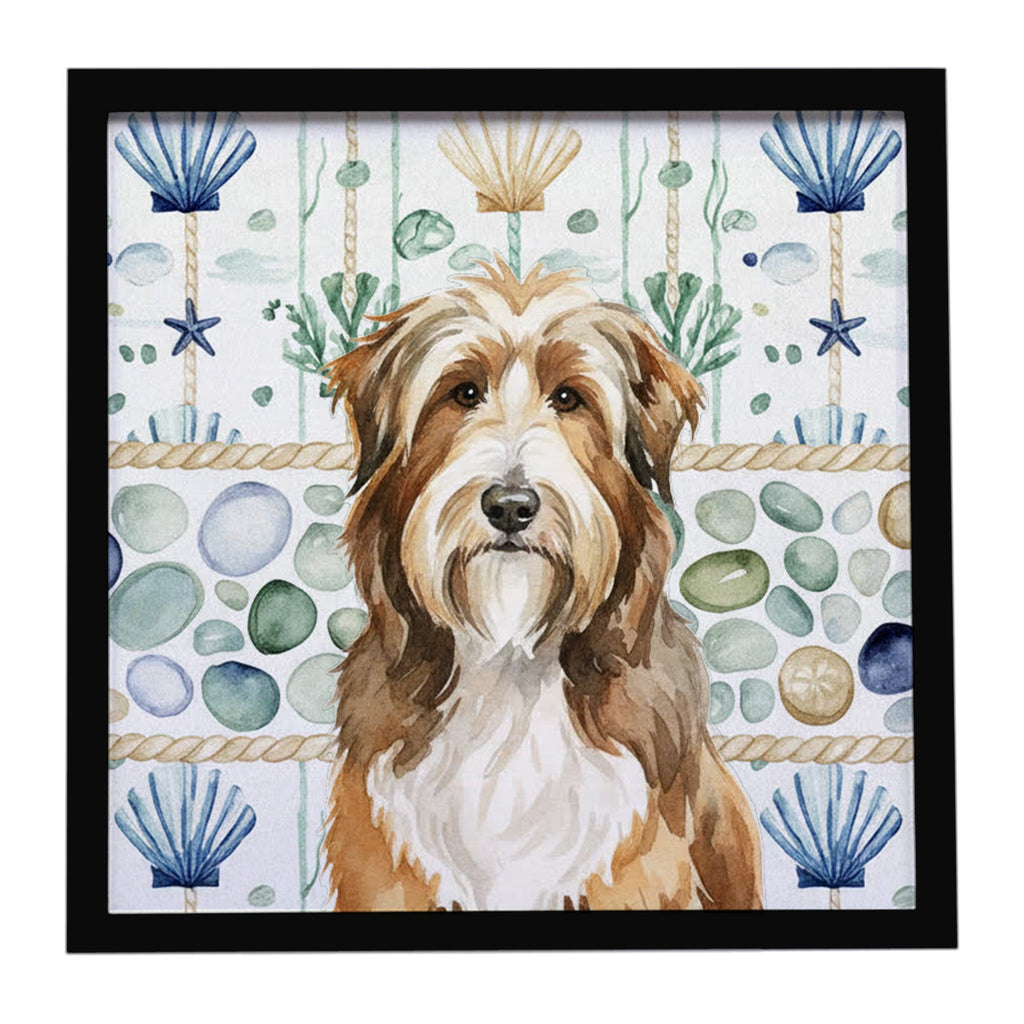 Brown Bearded Collie Coastal Sea Glass Framed Metal Print Bathroom, Kitchen, Office, Home Decor Wall Art Ready to Hang, Square, 8X8