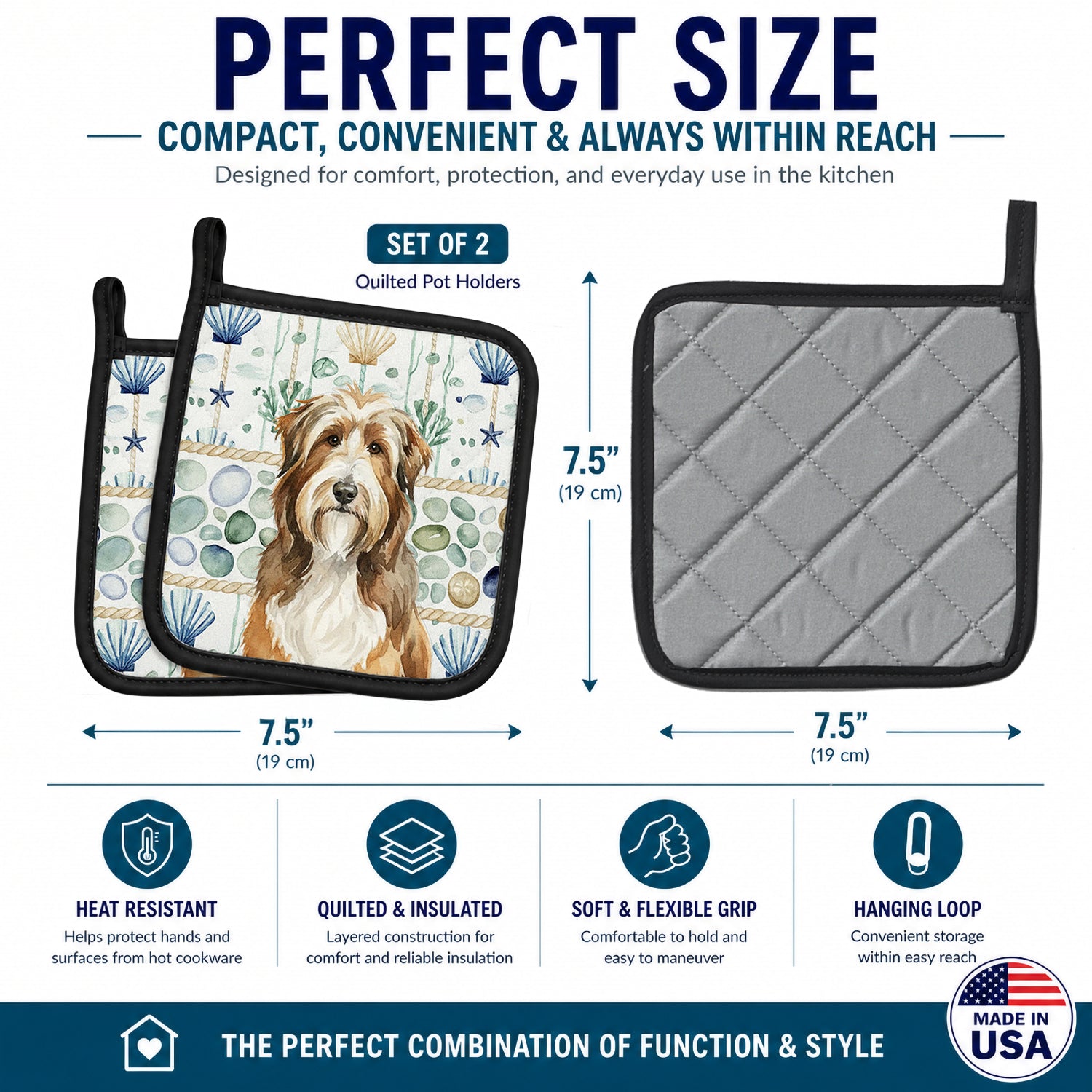 Brown Bearded Collie Coastal Sea Glass Pot Holder Set of 2 Heat Resistant Quilted Hot Pads 7.5 x 7.5 Inch, Insulated Kitchen Trivets for Cooking & Baking