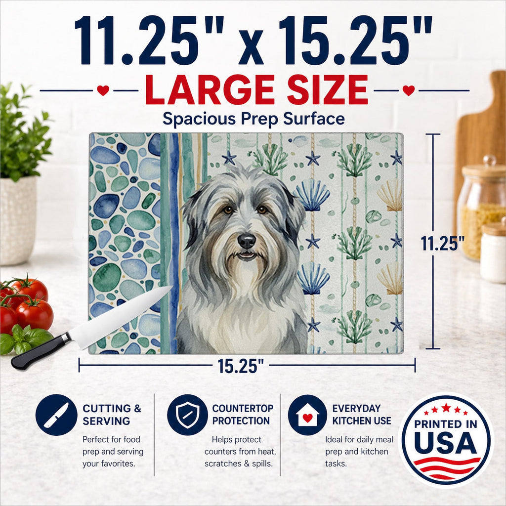 Bearded Collie Coastal Sea Glass Cutting Board Tempered Glass Kitchen Cutting Surface, Heat Resistant Chopping, Non-Slip Feet, Food Prep & Serving