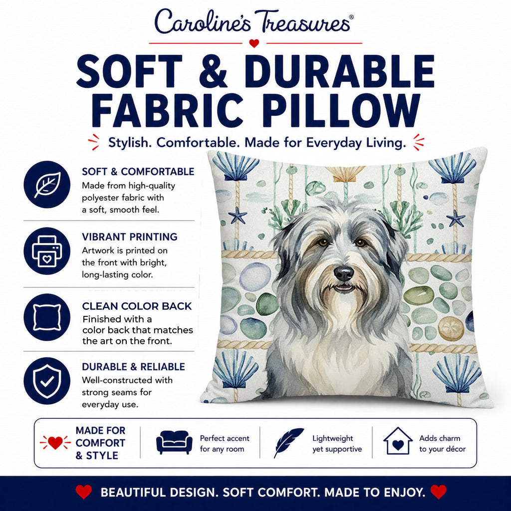Bearded Collie Coastal Sea Glass Decorative Throw Pillow 18x18 Indoor Outdoor Accent Cushion, Fabric Cover with Insert for Sofa, Bed, Porch & Living Room