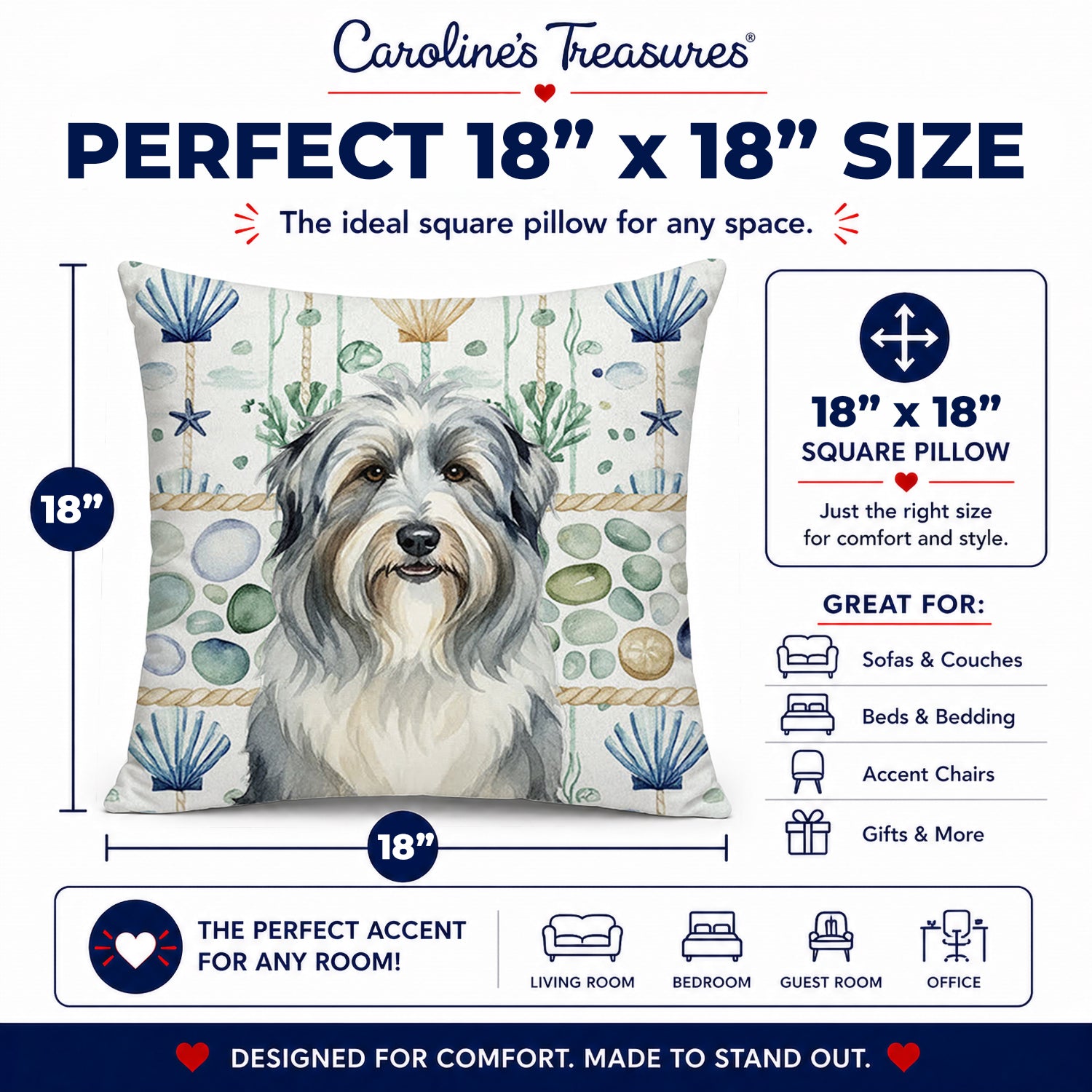 Bearded Collie Coastal Sea Glass Decorative Throw Pillow 18x18 Indoor Outdoor Accent Cushion, Fabric Cover with Insert for Sofa, Bed, Porch & Living Room