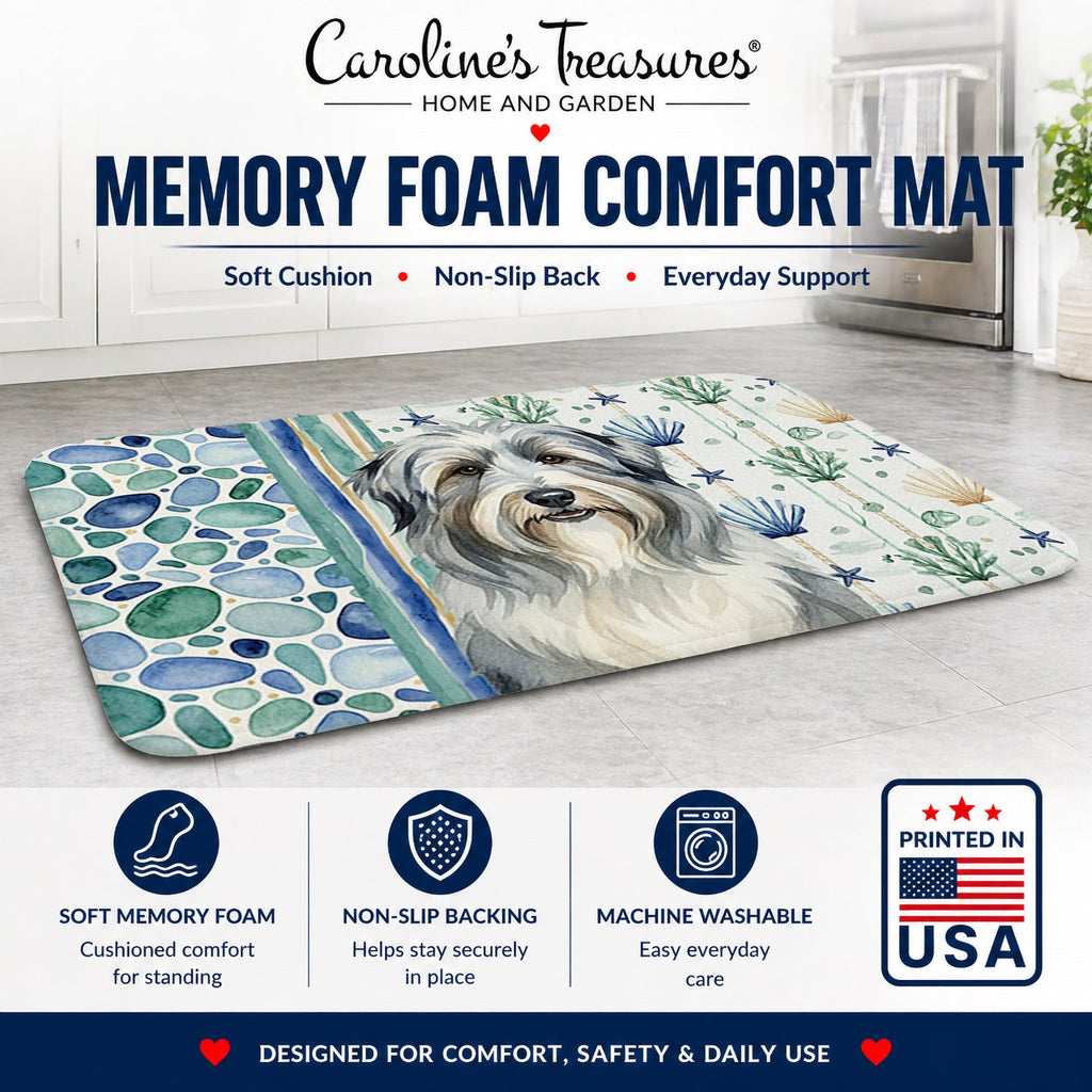 Bearded Collie Coastal Sea Glass Memory Foam Kitchen Mat Machine Washable Anti-Fatigue Cushion Comfort Bath or Kitchen Rug