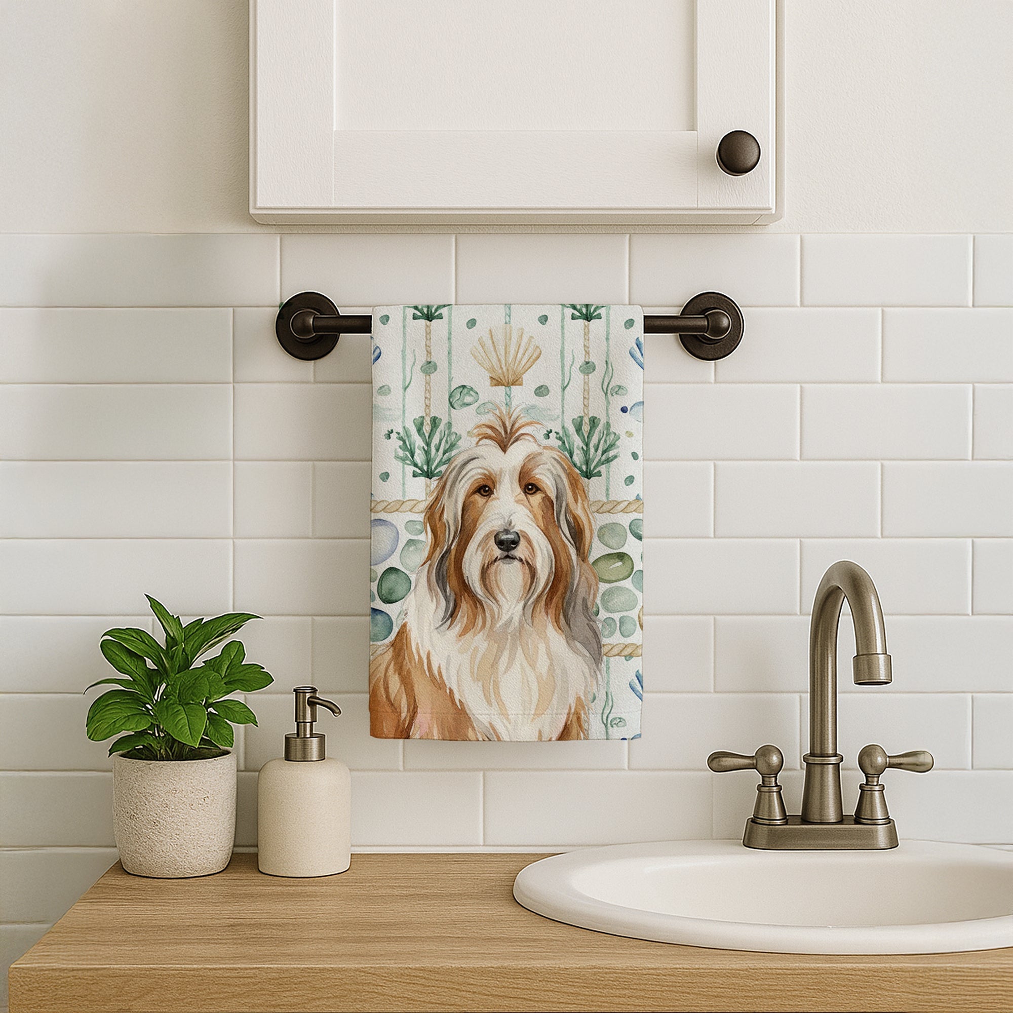 Fawn Bearded Collie Coastal Sea Glass Kitchen Towel Velour Plush Front and Cotton Loop Back Machine Washable