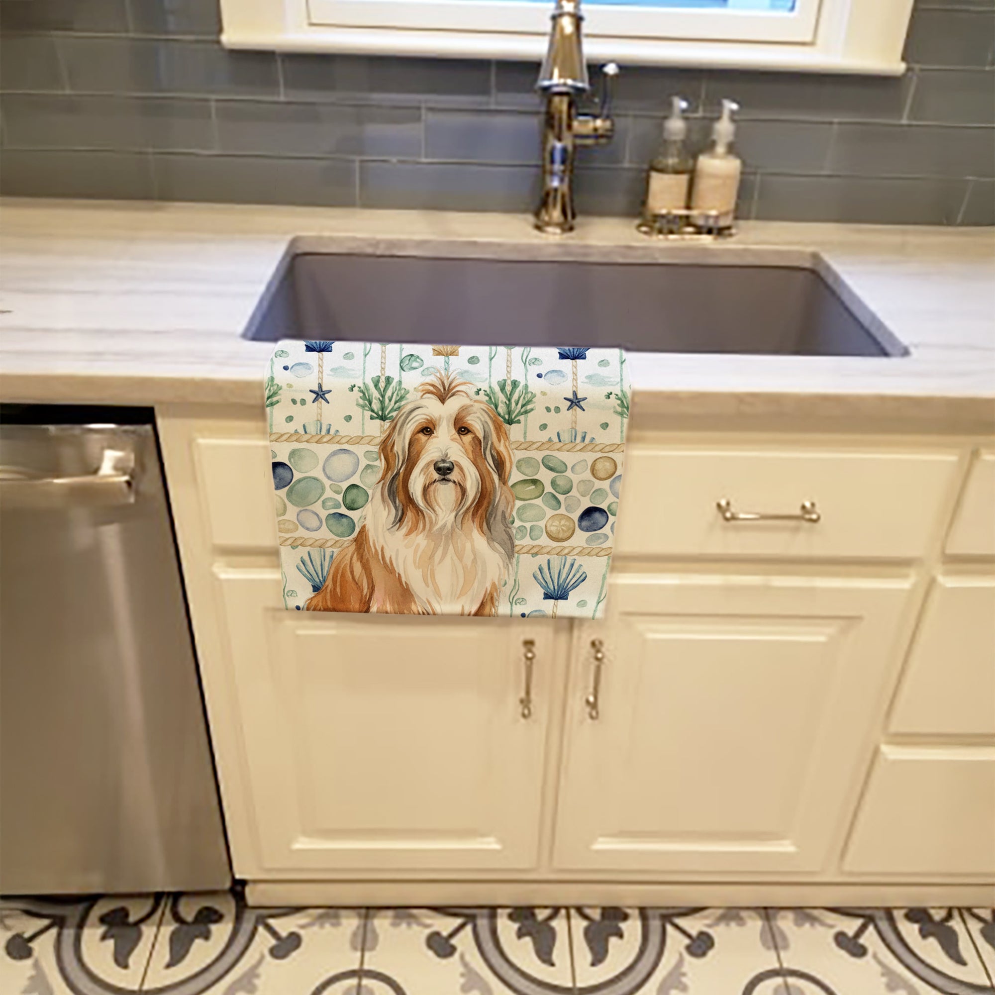 Fawn Bearded Collie Coastal Sea Glass Kitchen Towel Velour Plush Front and Cotton Loop Back Machine Washable