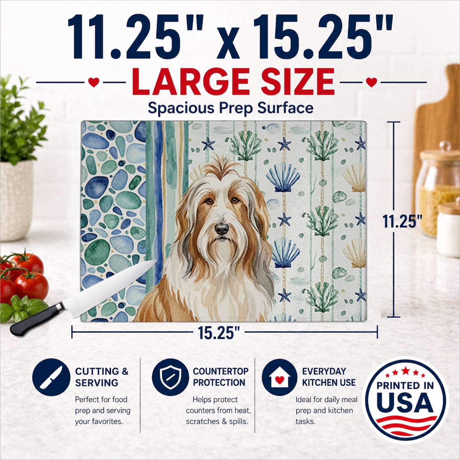 Fawn Bearded Collie Coastal Sea Glass Cutting Board Tempered Glass Kitchen Cutting Surface, Heat Resistant Chopping, Non-Slip Feet, Food Prep & Serving