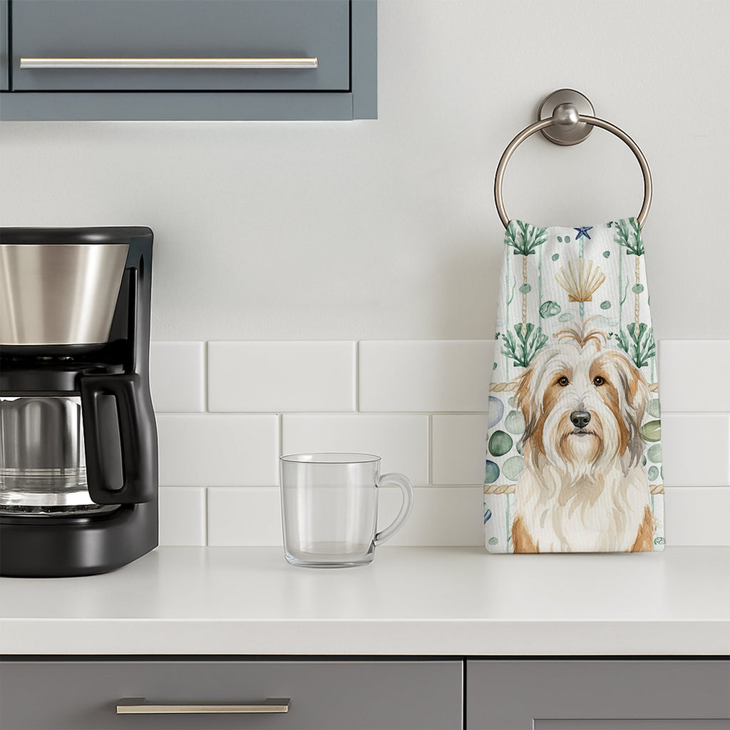 White and Tan Bearded Collie Coastal Sea Glass Kitchen Towel Velour Plush Front and Cotton Loop Back Machine Washable