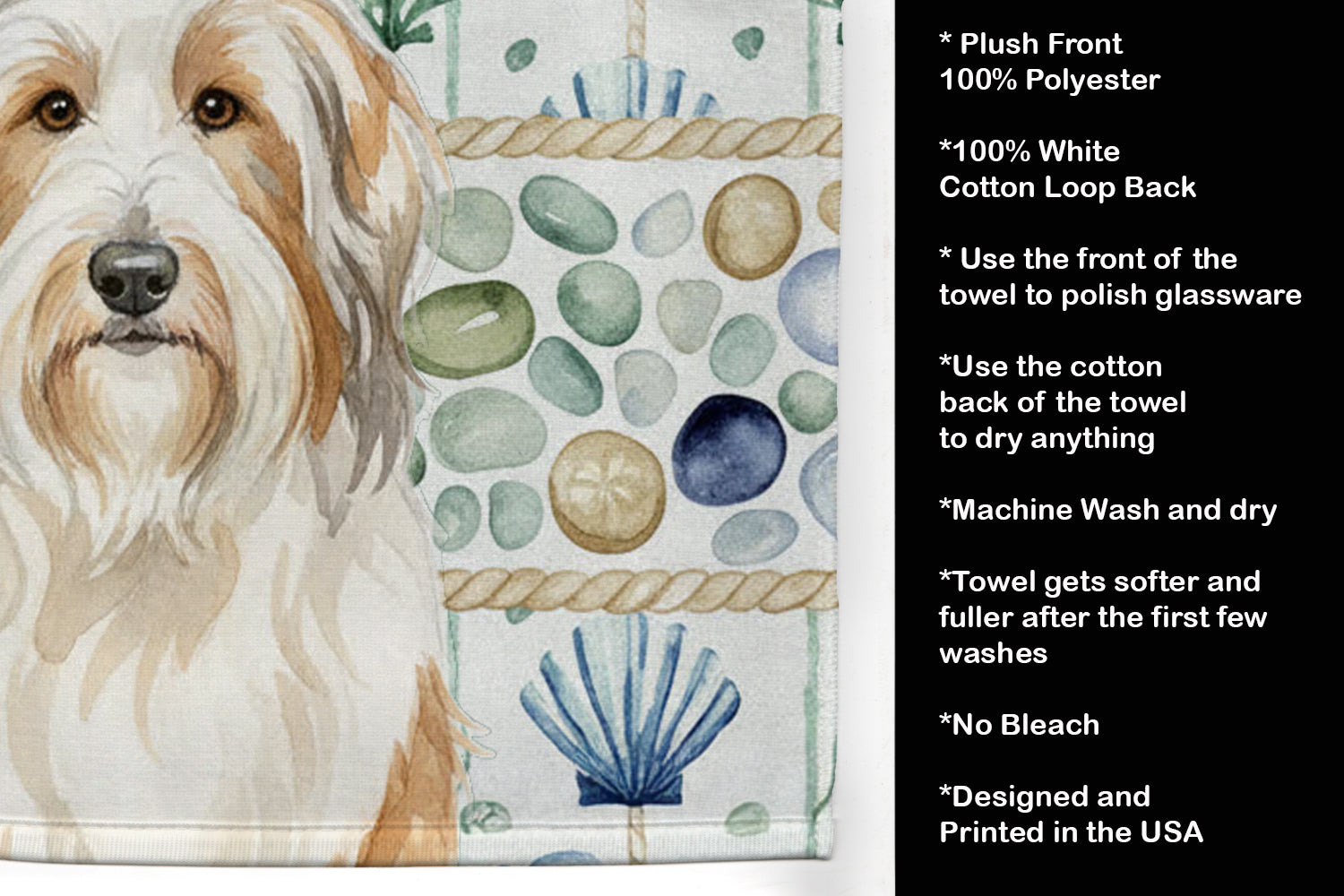 White and Tan Bearded Collie Coastal Sea Glass Kitchen Towel Velour Plush Front and Cotton Loop Back Machine Washable