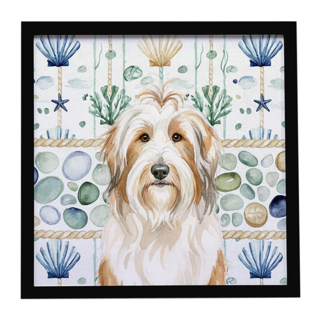 White and Tan Bearded Collie Coastal Sea Glass Framed Metal Print Bathroom, Kitchen, Office, Home Decor Wall Art Ready to Hang, Square, 8X8
