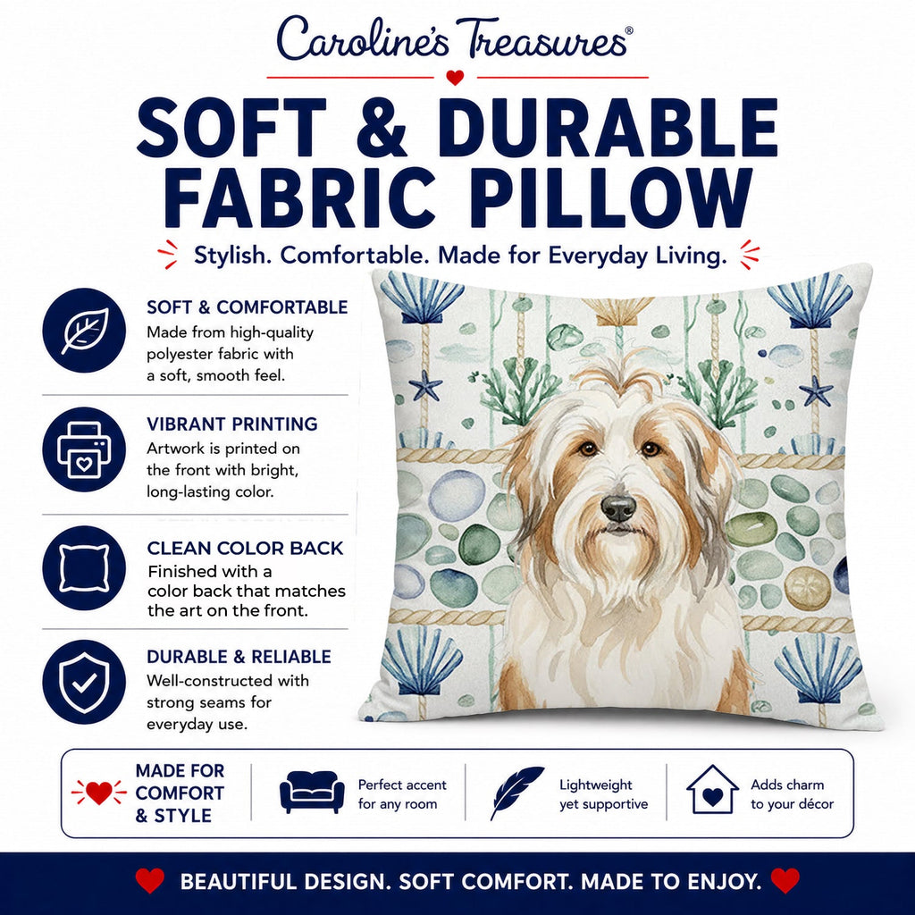 White and Tan Bearded Collie Coastal Sea Glass Decorative Throw Pillow 18x18 Indoor Outdoor Accent Cushion, Fabric Cover with Insert for Sofa, Bed, Porch & Living Room