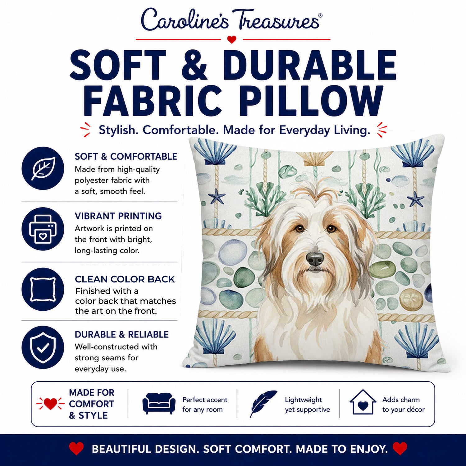 White and Tan Bearded Collie Coastal Sea Glass Decorative Throw Pillow 18x18 Indoor Outdoor Accent Cushion, Fabric Cover with Insert for Sofa, Bed, Porch & Living Room