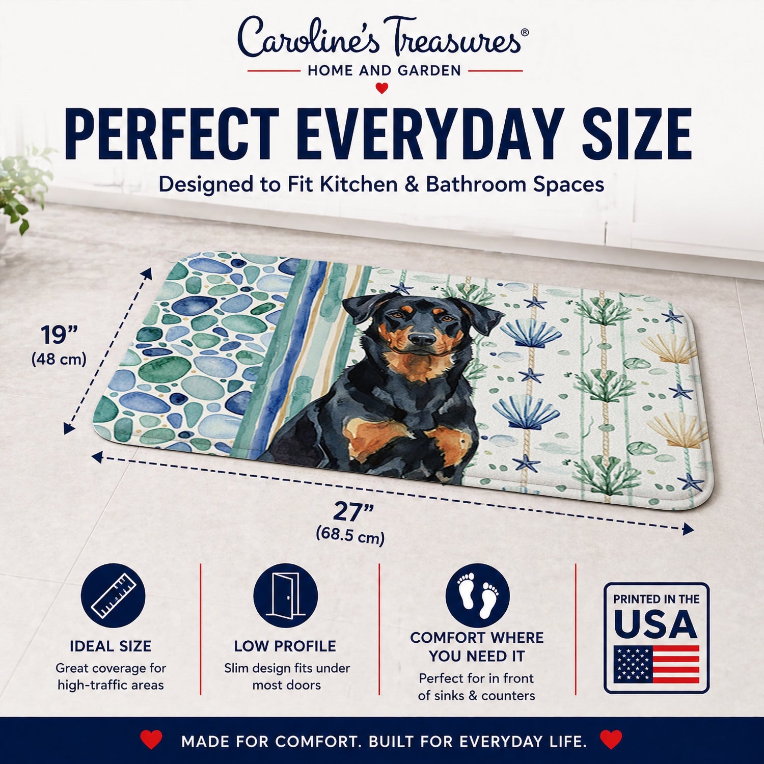 Beauceron Coastal Sea Glass Memory Foam Kitchen Mat Machine Washable Anti-Fatigue Cushion Comfort Bath or Kitchen Rug
