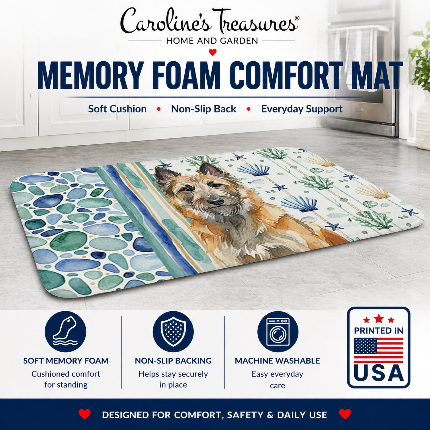 Belgian Laekenois Coastal Sea Glass Memory Foam Kitchen Mat Machine Washable Anti-Fatigue Cushion Comfort Bath or Kitchen Rug