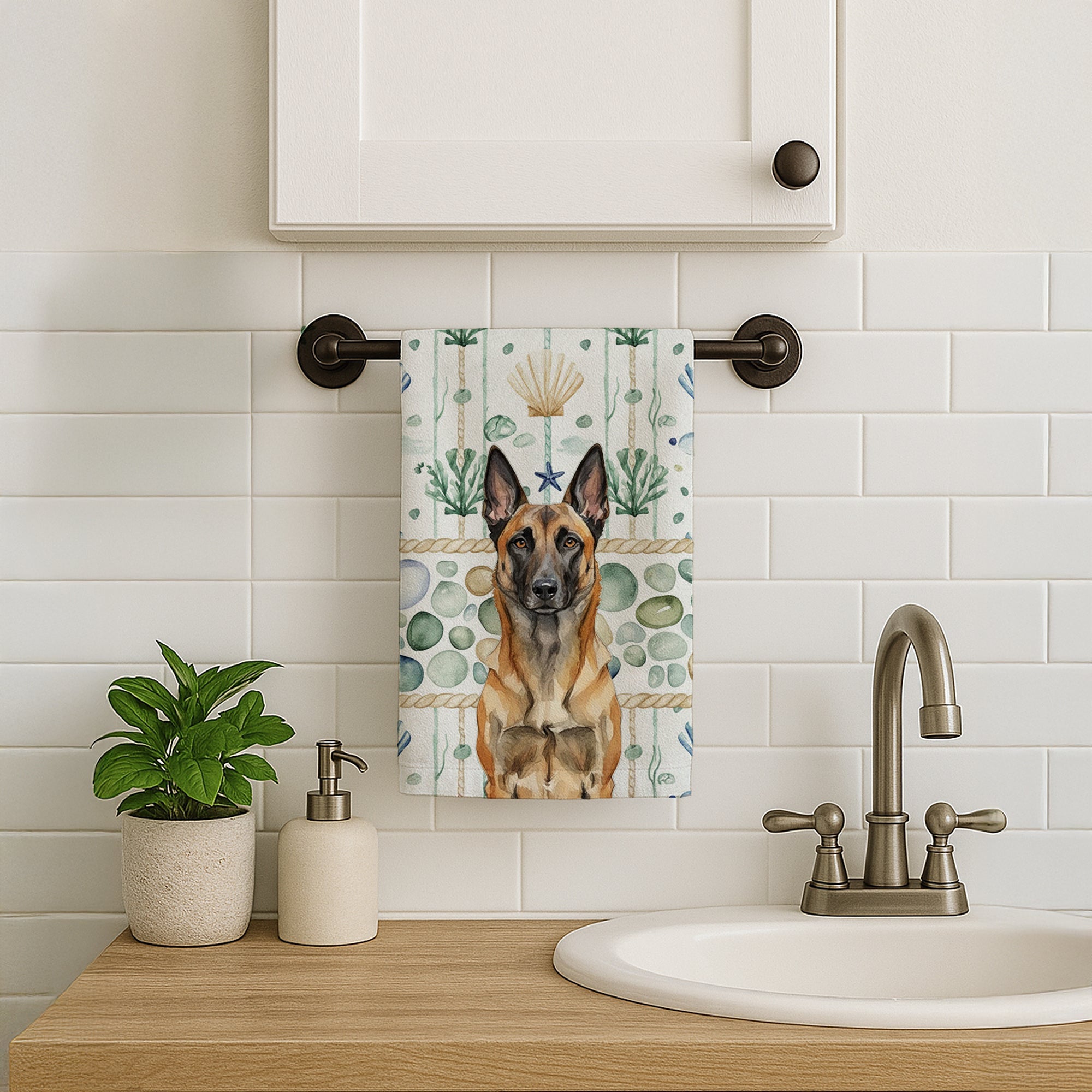 Belgian Malinois Coastal Sea Glass Kitchen Towel Velour Plush Front and Cotton Loop Back Machine Washable