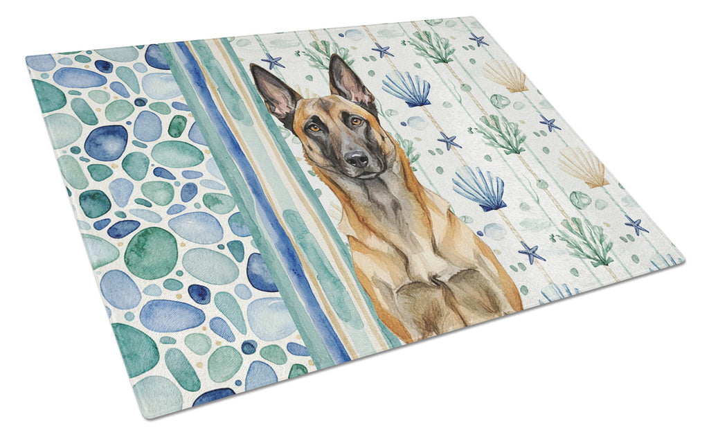 Belgian Malinois Coastal Sea Glass Cutting Board Tempered Glass Kitchen Cutting Surface, Heat Resistant Chopping, Non-Slip Feet, Food Prep & Serving