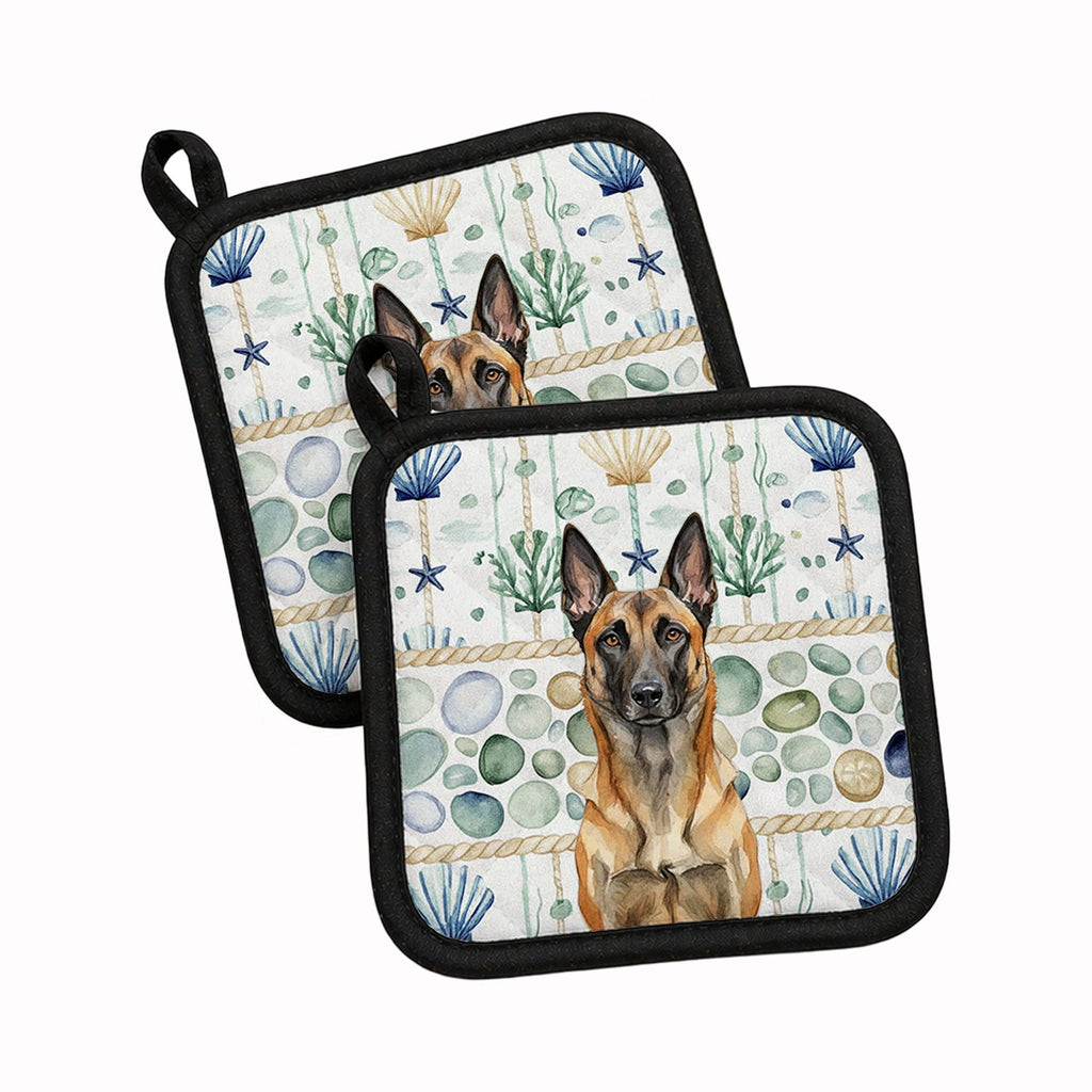 Belgian Malinois Coastal Sea Glass Pot Holder Set of 2 Heat Resistant Quilted Hot Pads 7.5 x 7.5 Inch, Insulated Kitchen Trivets for Cooking & Baking