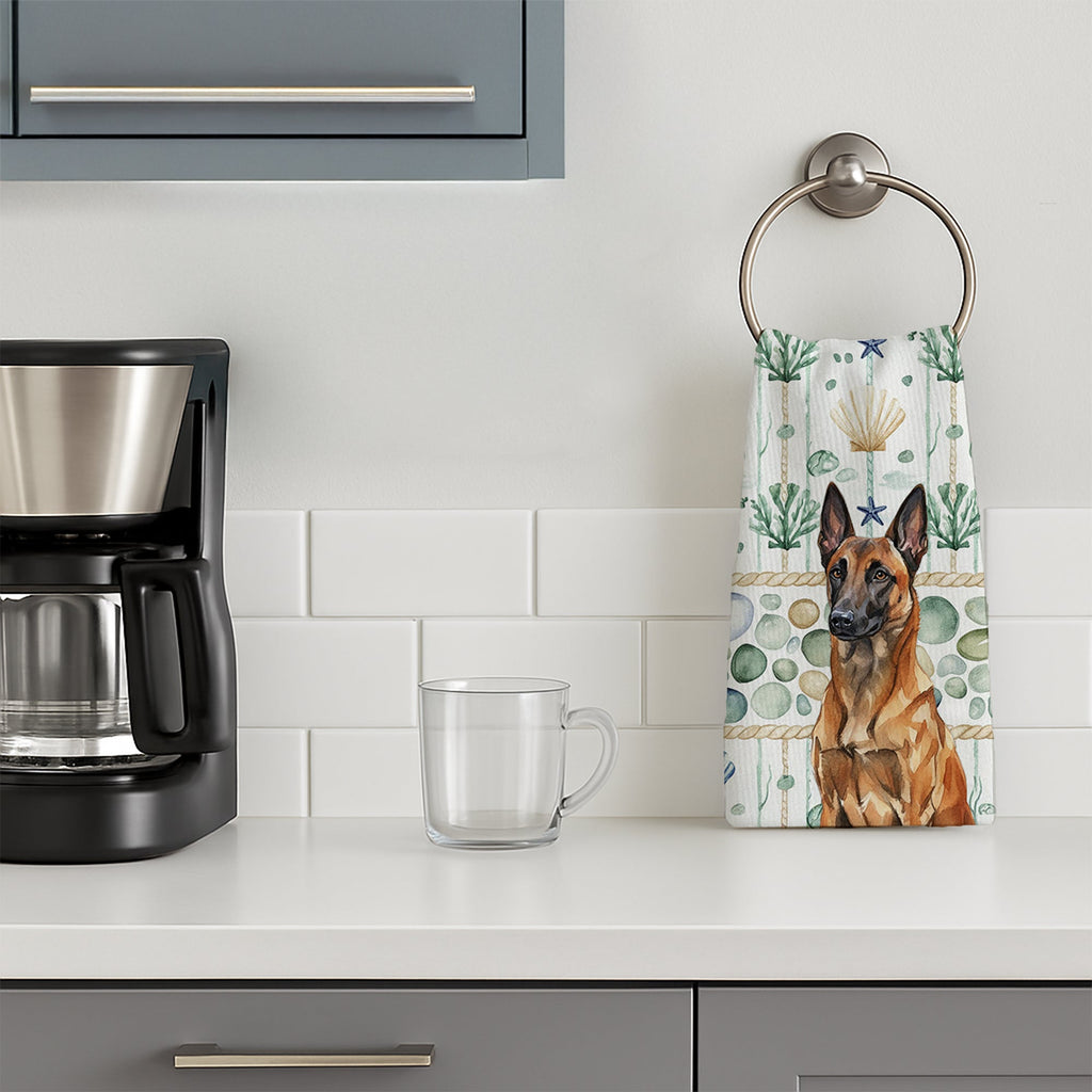 Mahogany Belgian Malinois Coastal Sea Glass Kitchen Towel Velour Plush Front and Cotton Loop Back Machine Washable