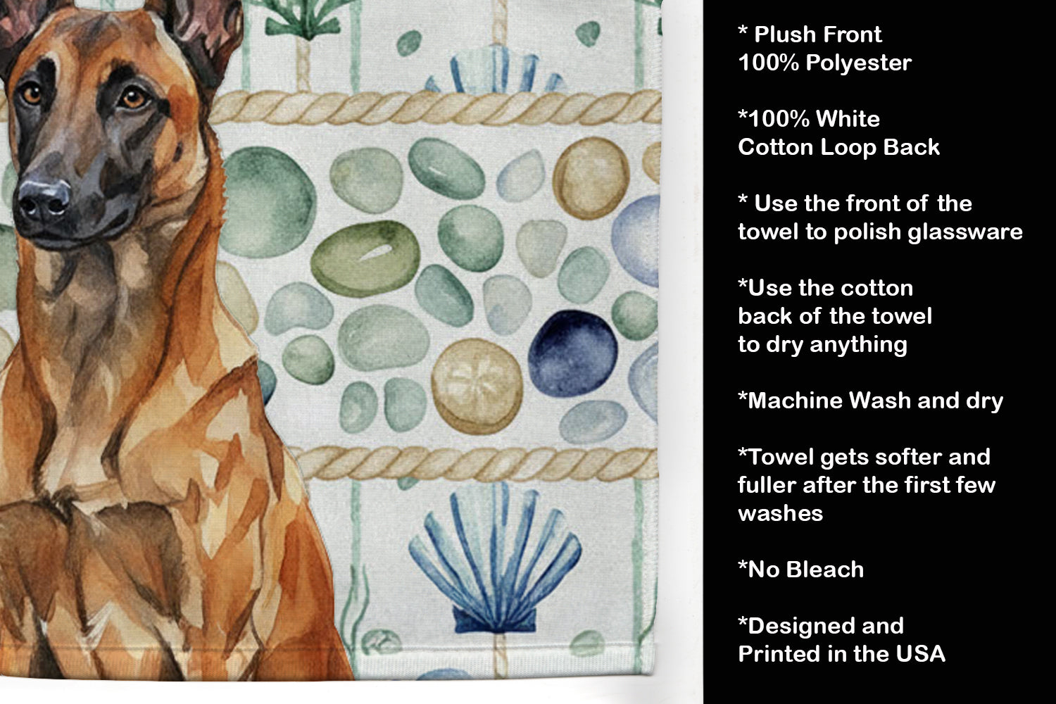 Mahogany Belgian Malinois Coastal Sea Glass Kitchen Towel Velour Plush Front and Cotton Loop Back Machine Washable