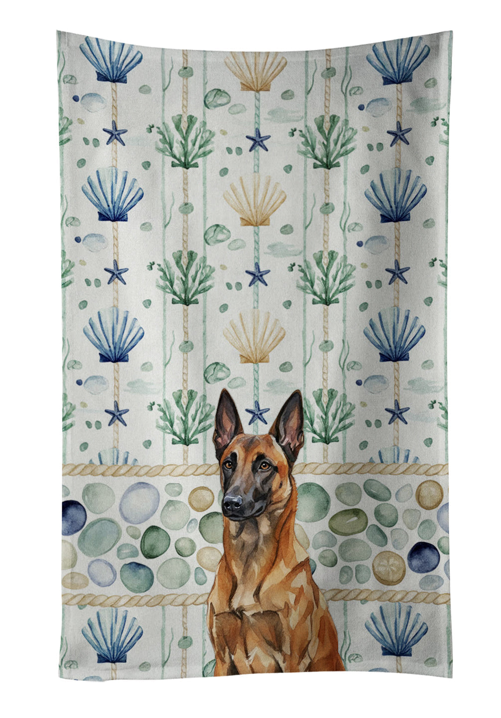 Mahogany Belgian Malinois Coastal Sea Glass Kitchen Towel Velour Plush Front and Cotton Loop Back Machine Washable