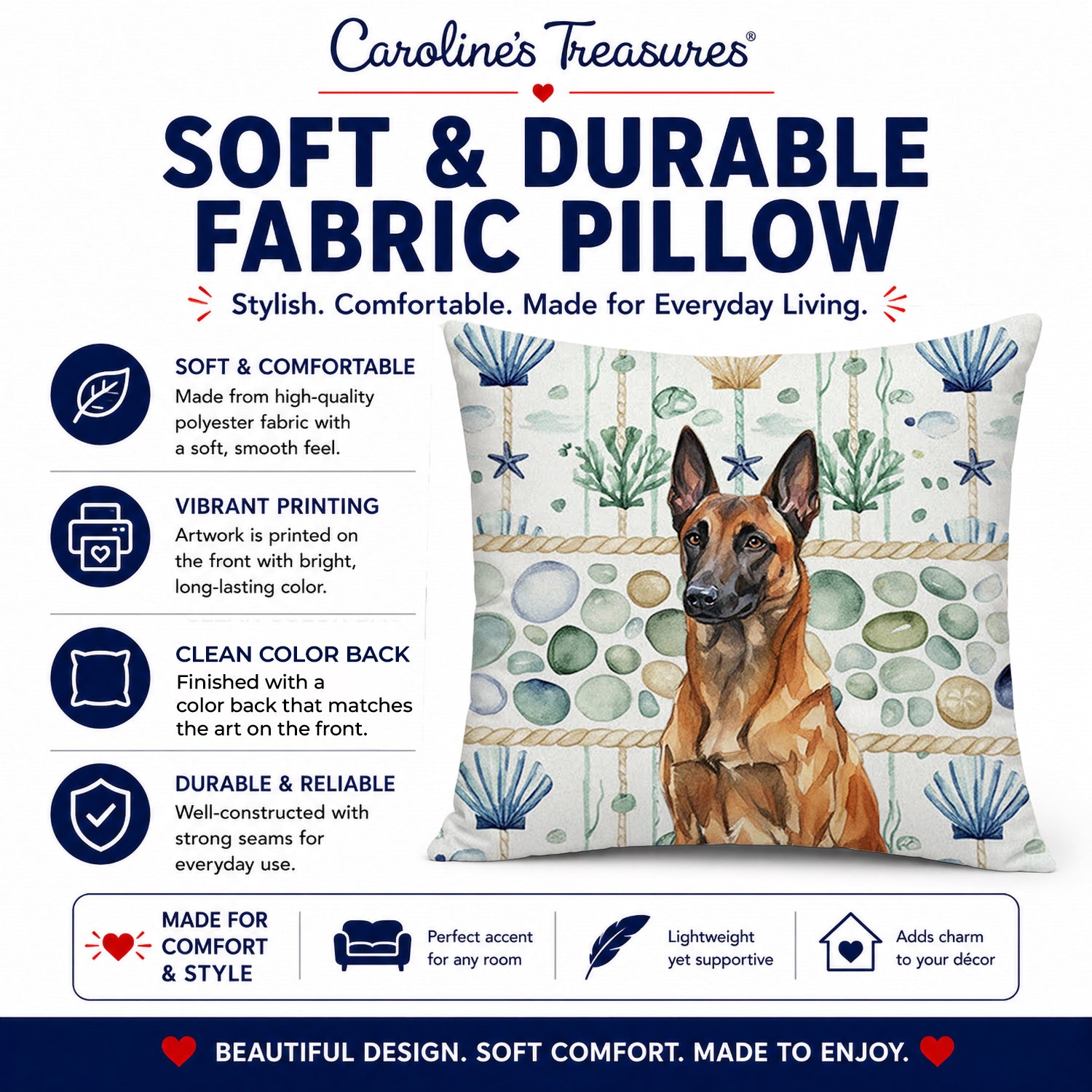 Mahogany Belgian Malinois Coastal Sea Glass Decorative Throw Pillow 18x18 Indoor Outdoor Accent Cushion, Fabric Cover with Insert for Sofa, Bed, Porch & Living Room