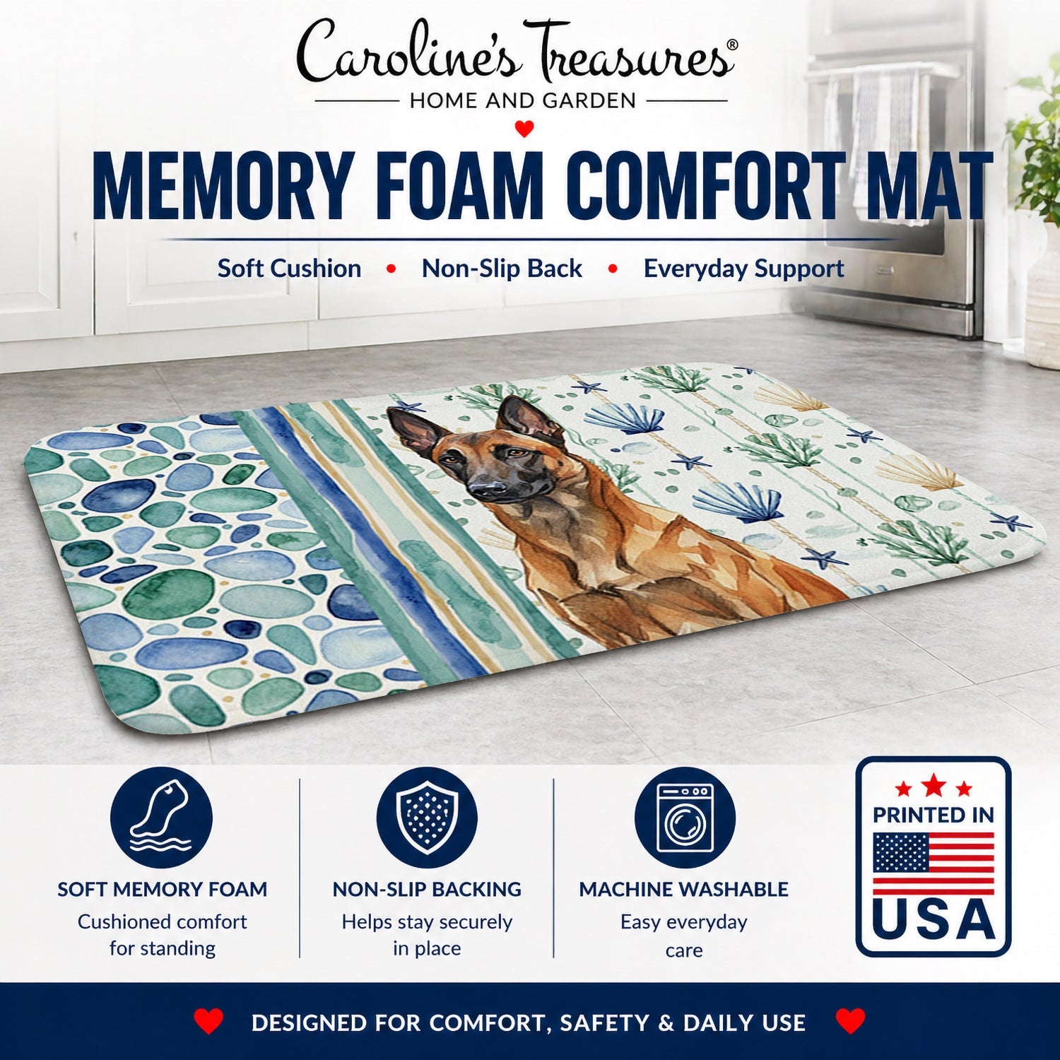 Mahogany Belgian Malinois Coastal Sea Glass Memory Foam Kitchen Mat Machine Washable Anti-Fatigue Cushion Comfort Bath or Kitchen Rug