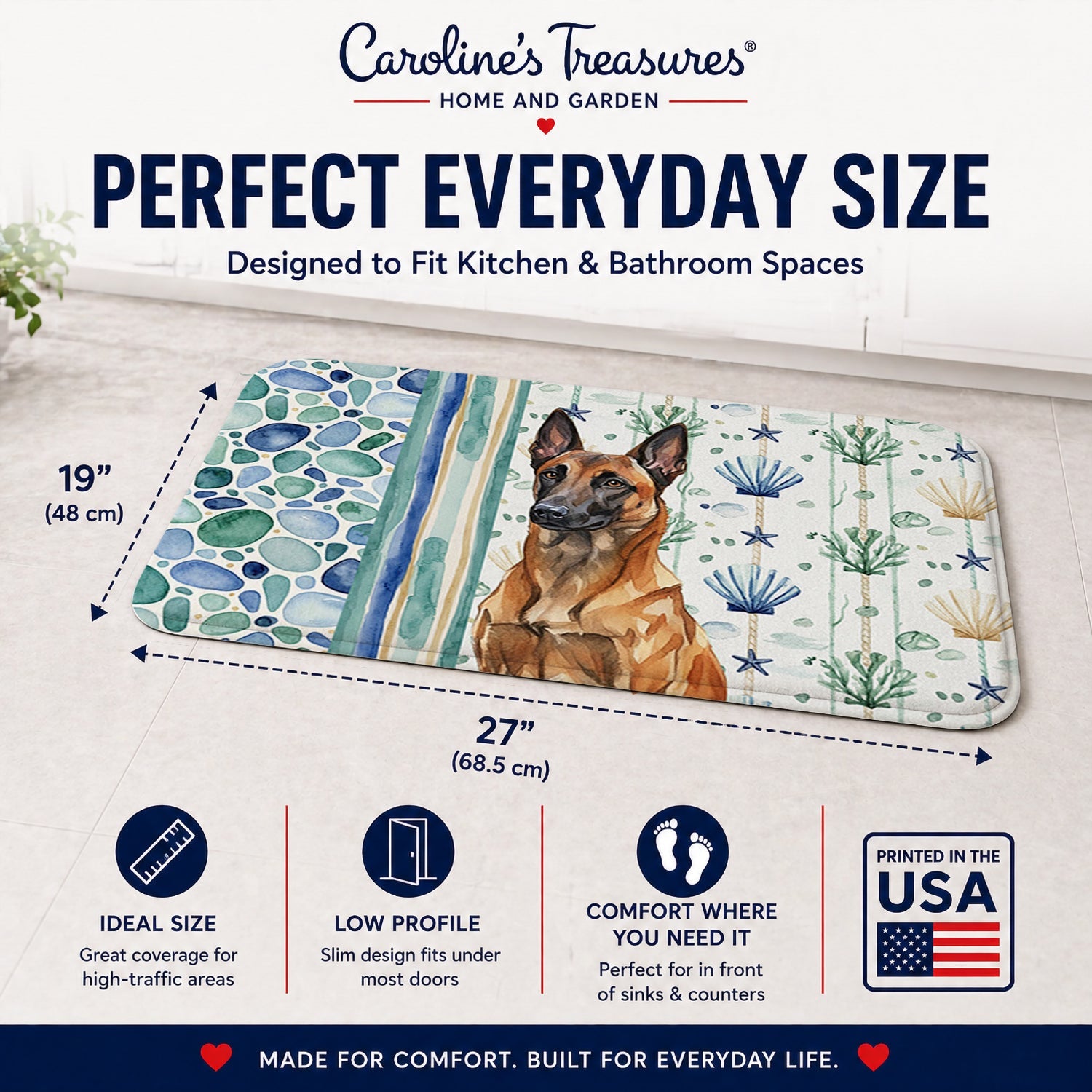 Mahogany Belgian Malinois Coastal Sea Glass Memory Foam Kitchen Mat Machine Washable Anti-Fatigue Cushion Comfort Bath or Kitchen Rug