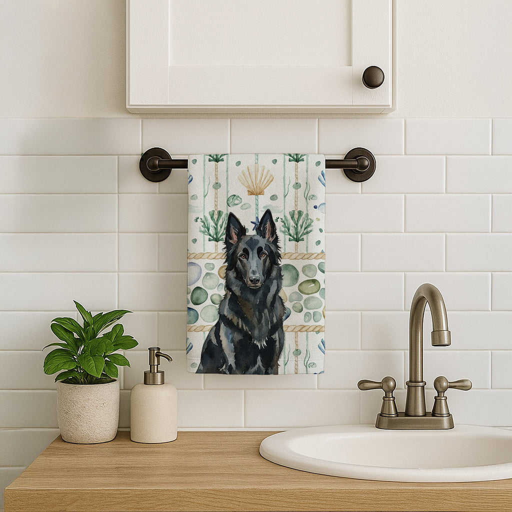 Belgian Sheepdog Groenendael Coastal Sea Glass Kitchen Towel Velour Plush Front and Cotton Loop Back Machine Washable