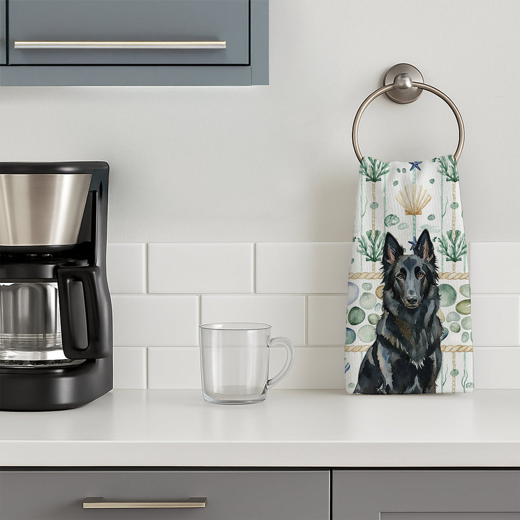 Belgian Sheepdog Groenendael Coastal Sea Glass Kitchen Towel Velour Plush Front and Cotton Loop Back Machine Washable