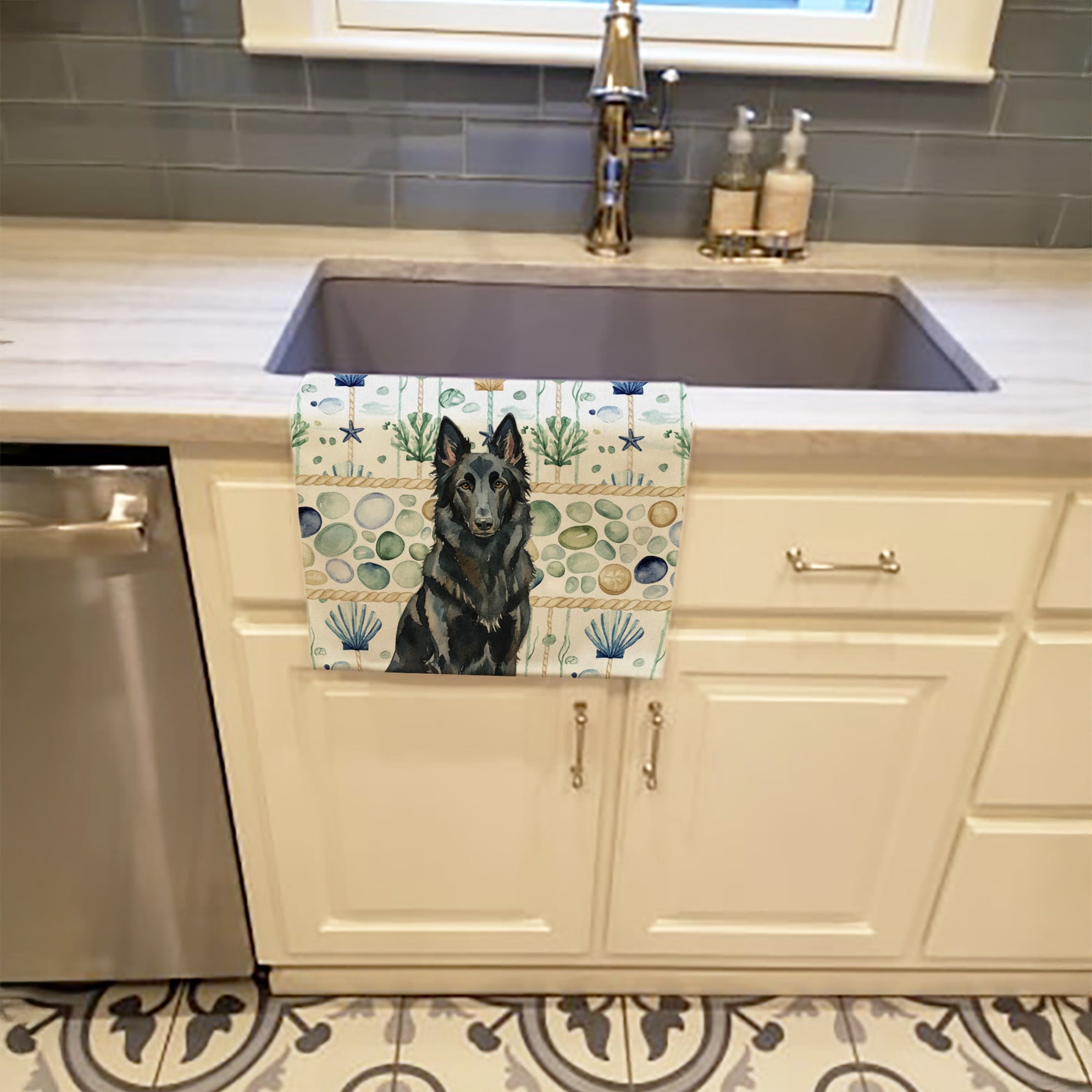 Belgian Sheepdog Groenendael Coastal Sea Glass Kitchen Towel Velour Plush Front and Cotton Loop Back Machine Washable