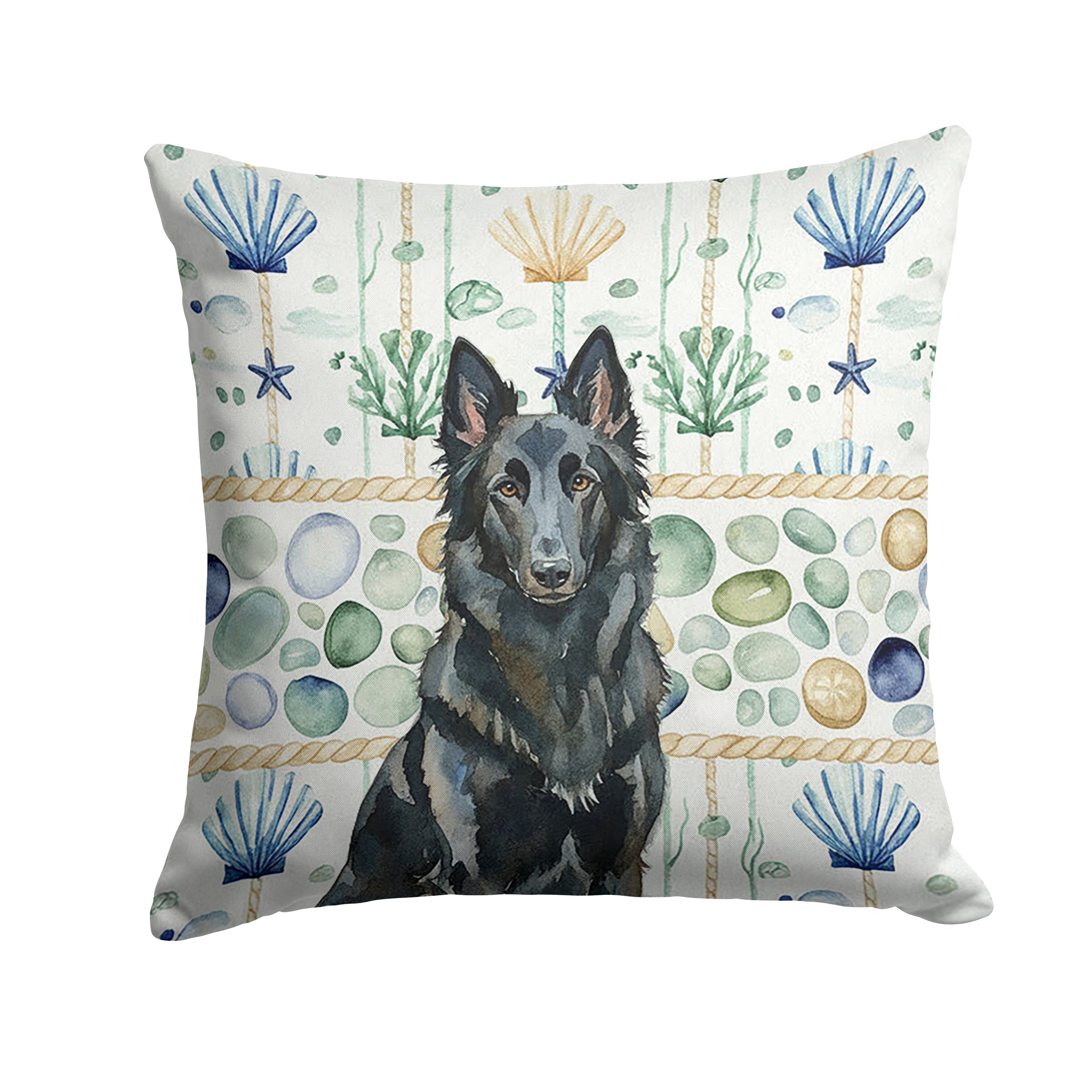 Belgian Sheepdog Groenendael Coastal Sea Glass Decorative Throw Pillow 14x14 Indoor Outdoor Accent Cushion, Fabric Cover with Insert for Sofa, Bed, Porch & Living Room
