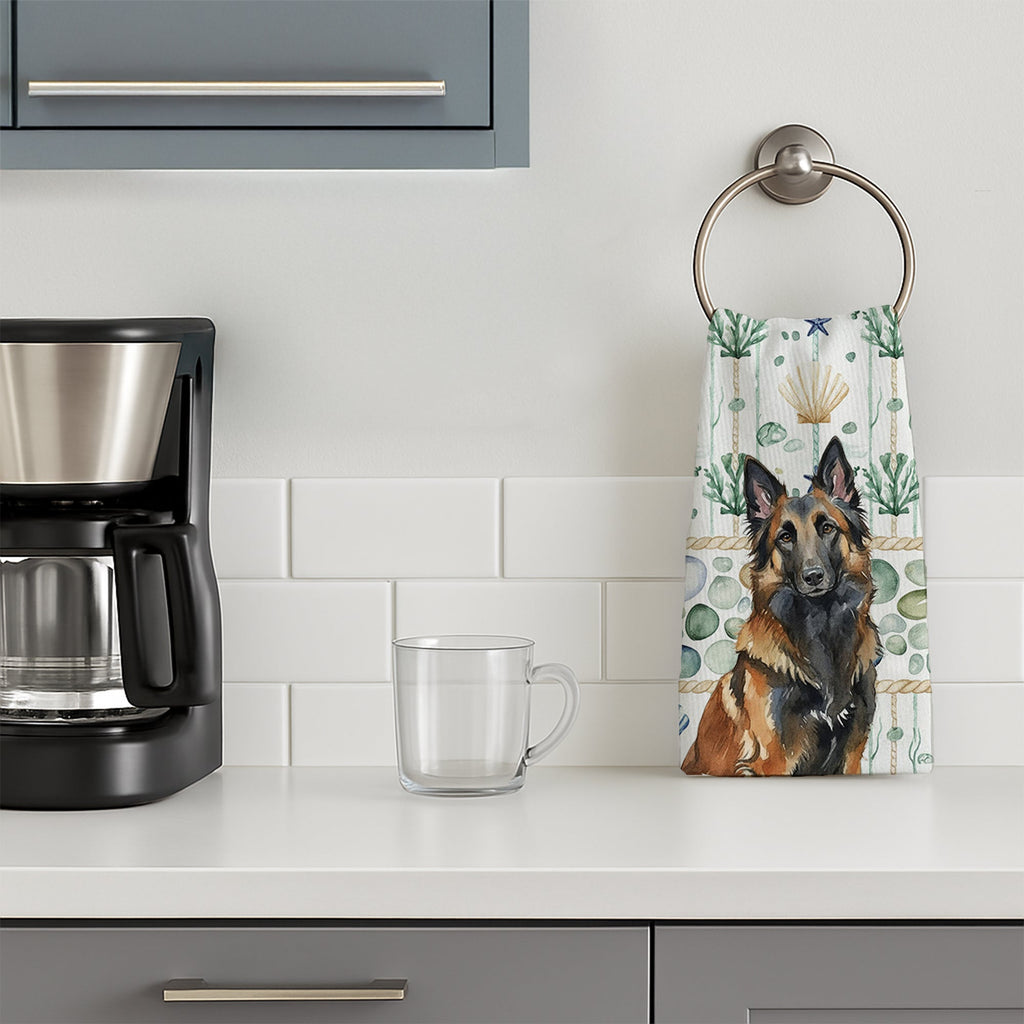 Belgian Tervuren Coastal Sea Glass Kitchen Towel Velour Plush Front and Cotton Loop Back Machine Washable