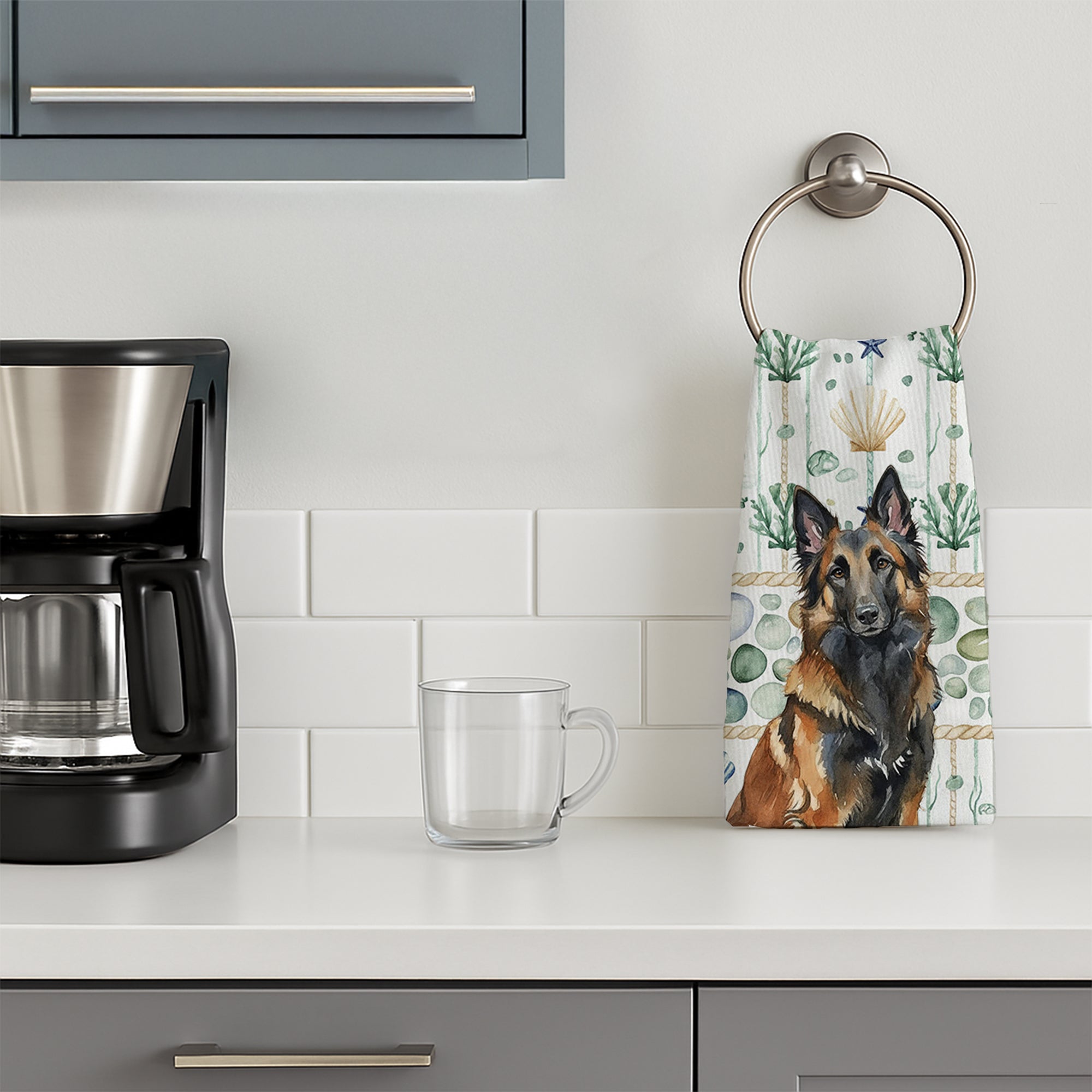 Belgian Tervuren Coastal Sea Glass Kitchen Towel Velour Plush Front and Cotton Loop Back Machine Washable