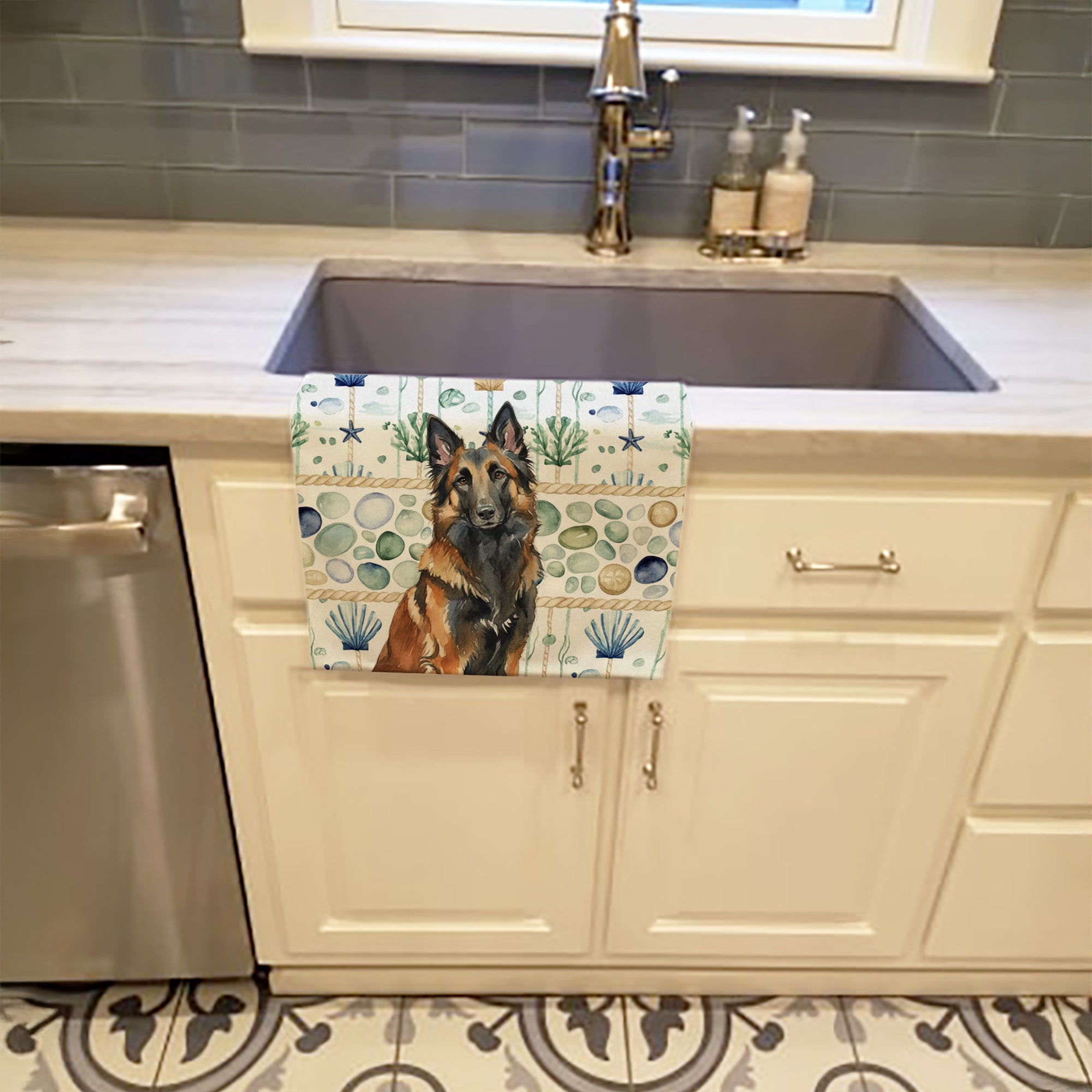 Belgian Tervuren Coastal Sea Glass Kitchen Towel Velour Plush Front and Cotton Loop Back Machine Washable