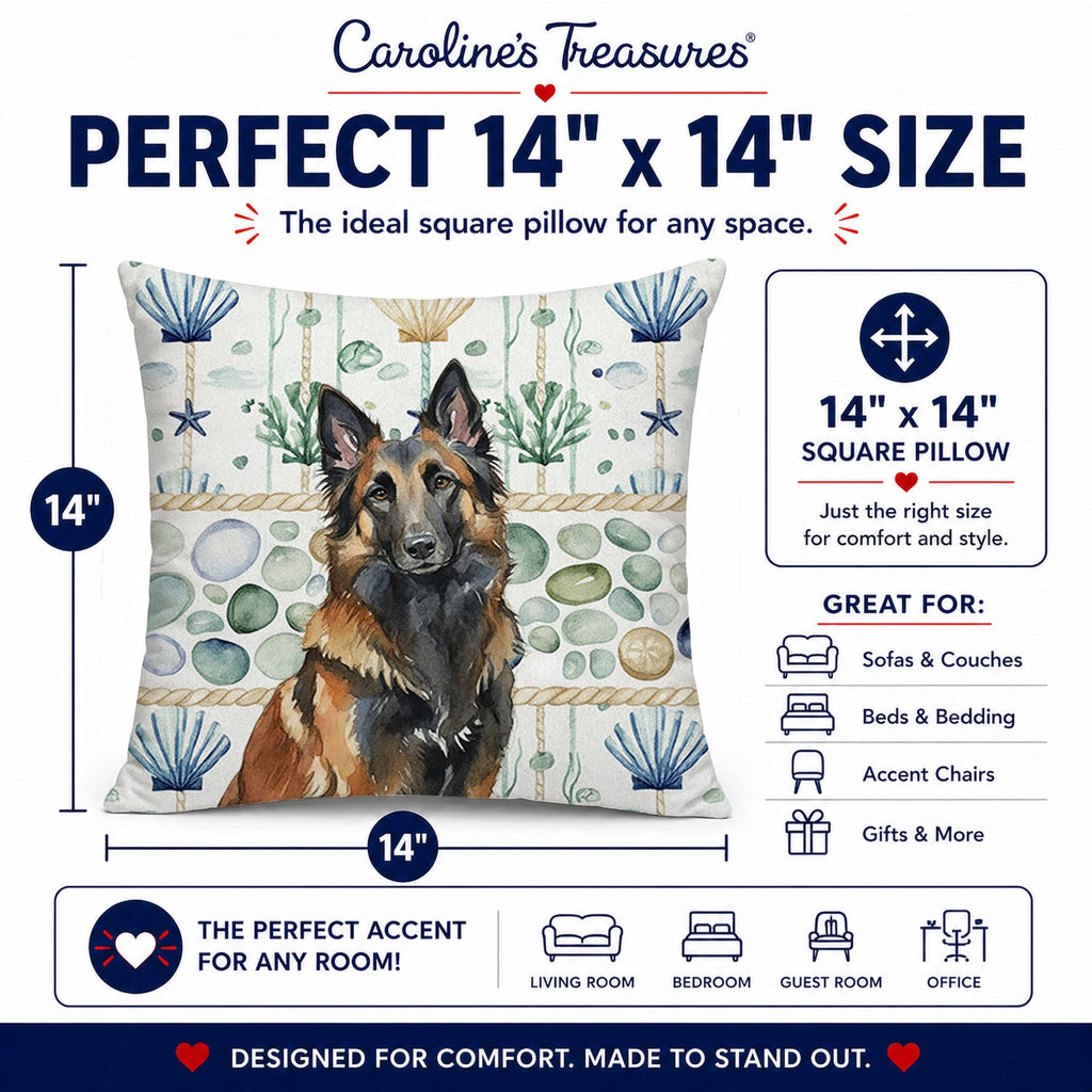 Belgian Tervuren Coastal Sea Glass Decorative Throw Pillow 14x14 Indoor Outdoor Accent Cushion, Fabric Cover with Insert for Sofa, Bed, Porch & Living Room