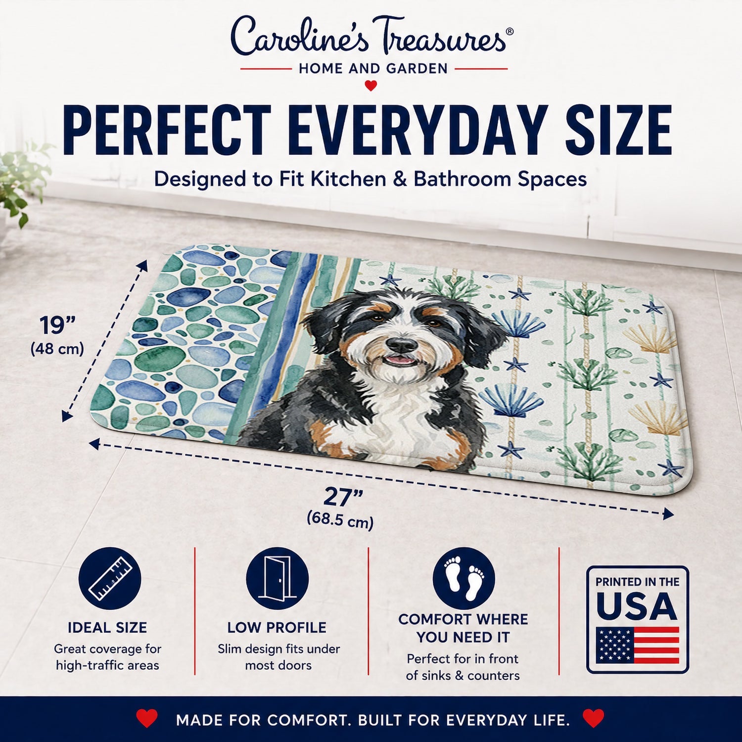 Berndoodle Coastal Sea Glass Memory Foam Kitchen Mat Machine Washable Anti-Fatigue Cushion Comfort Bath or Kitchen Rug
