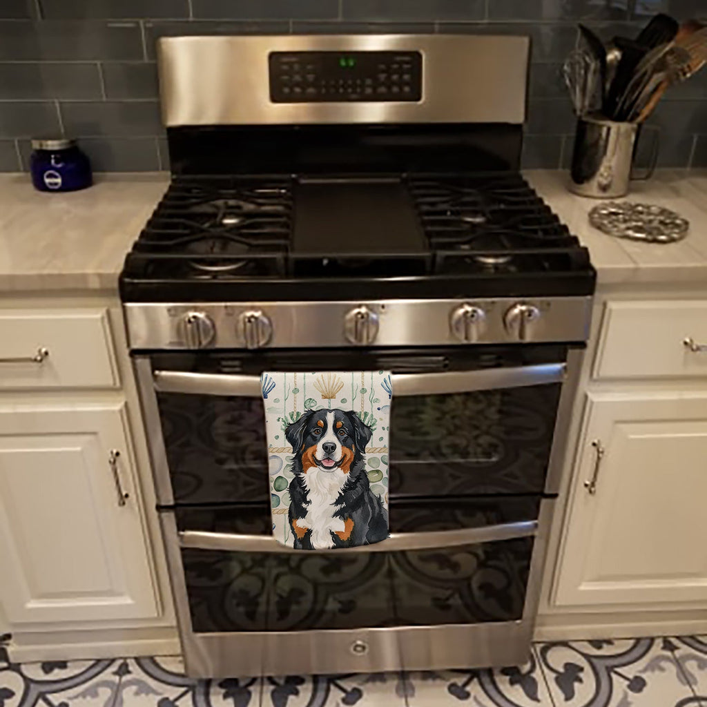 Bernese Mountain Dog Coastal Sea Glass Kitchen Towel Velour Plush Front and Cotton Loop Back Machine Washable
