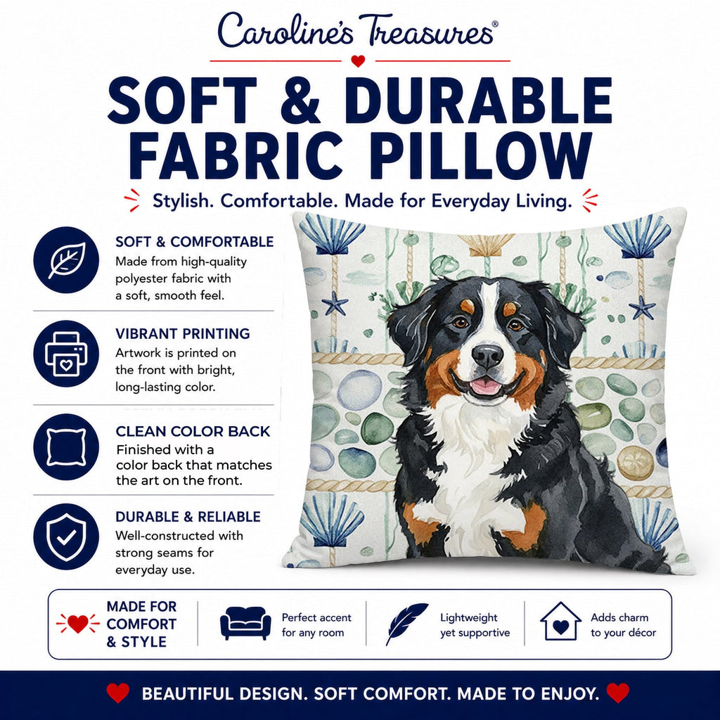 Bernese Mountain Dog Coastal Sea Glass Decorative Throw Pillow 14x14 Indoor Outdoor Accent Cushion, Fabric Cover with Insert for Sofa, Bed, Porch & Living Room